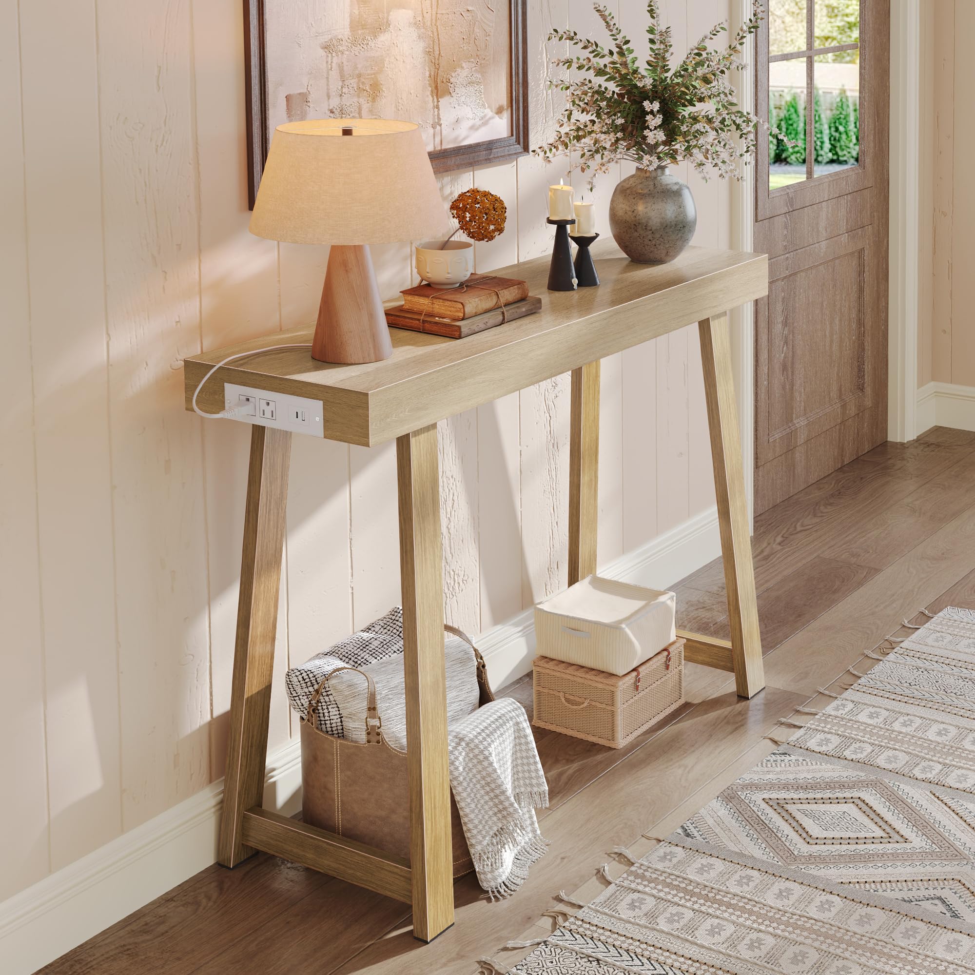 Huuger Entryway Console Table with Charging Station, USB-C Port, 39.4 Inch Sofa Table with Metal Legs, Entry Hallway Table with Thicker Desktop, Modern Behind Couch Table, Rustic Brown