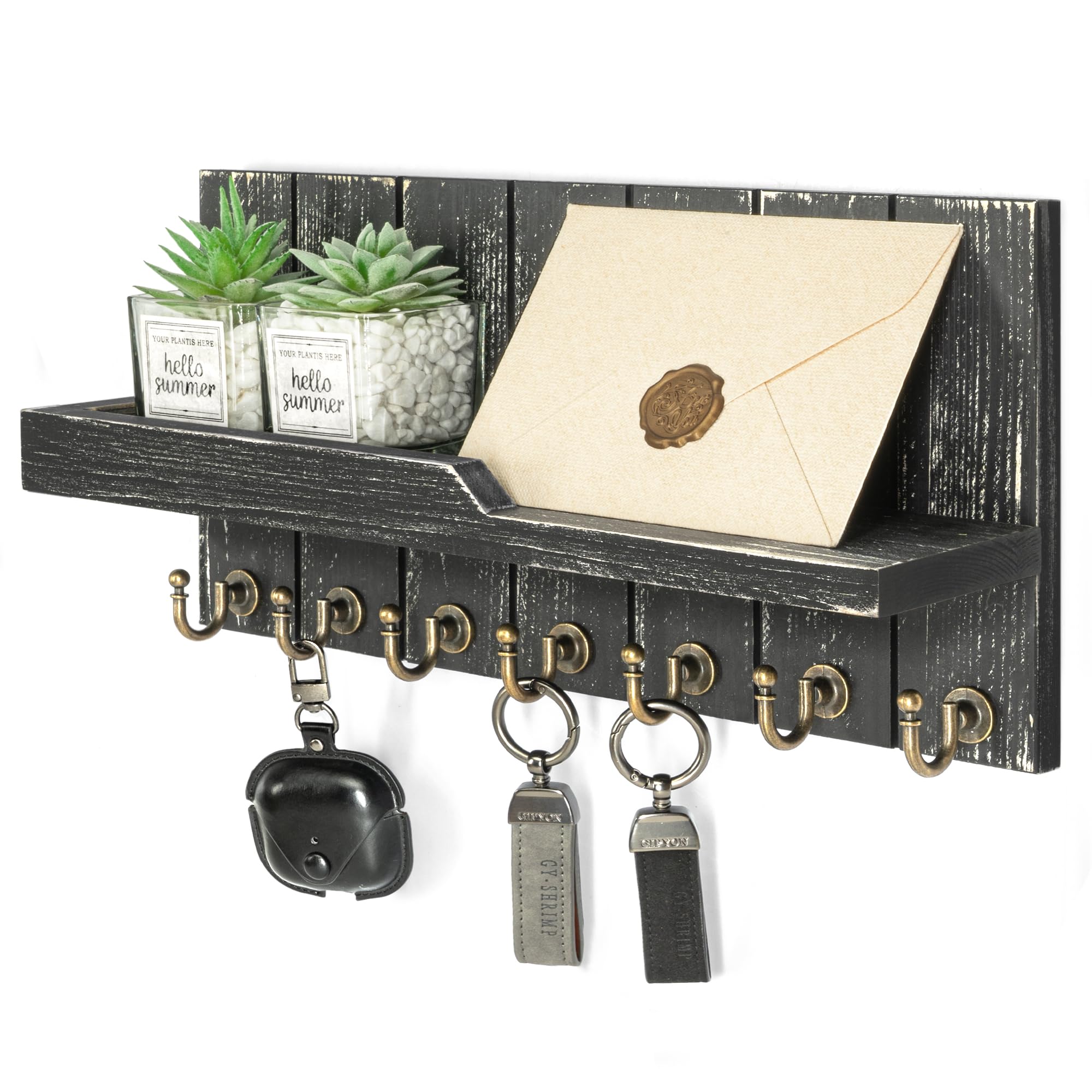 Rebee Vision Decorative Key Holder Wall Mount - Rustic Key Holder for Wall with Shelf and Mail Organizer for Living Room Decor - Home Essentials for Home Improvement (Brown, 3.54" x 10" x 7.28")