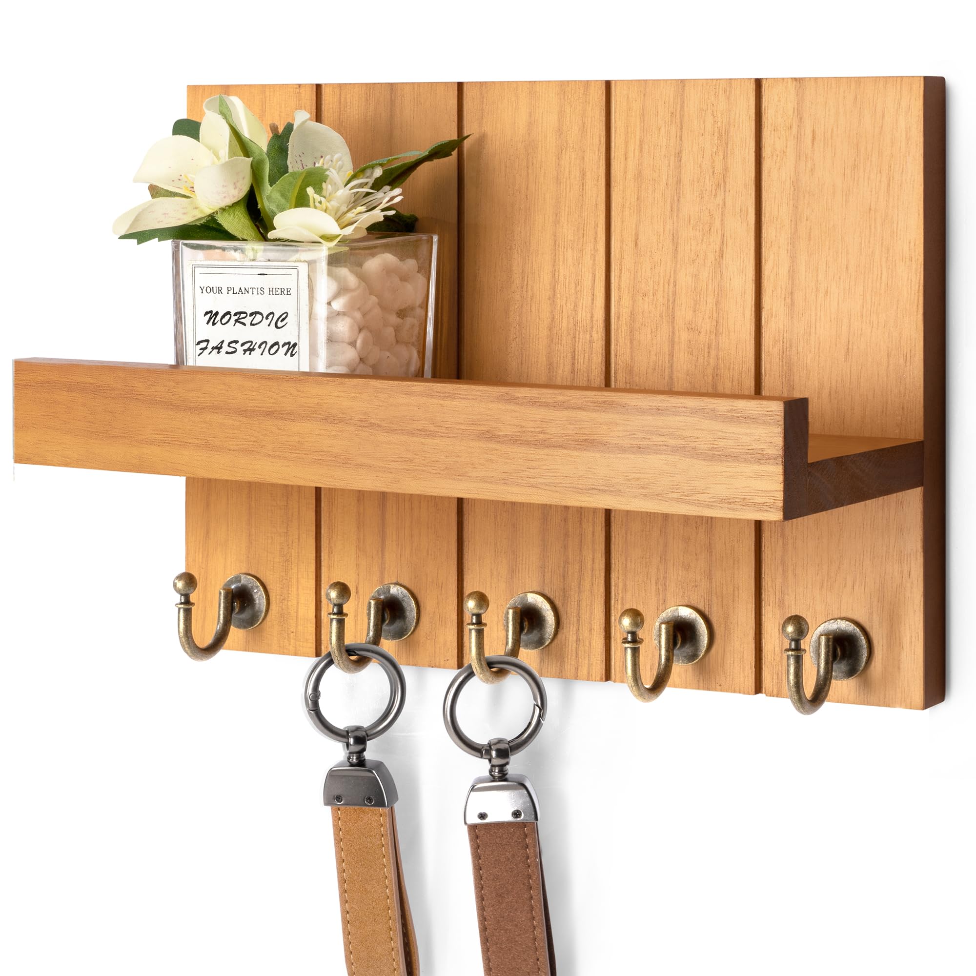 Rebee Vision Decorative Key Holder Wall Mount - Rustic Key Holder for Wall with Shelf and Mail Organizer for Living Room Decor - Home Essentials for Home Improvement (Brown, 3.54" x 10" x 7.28")