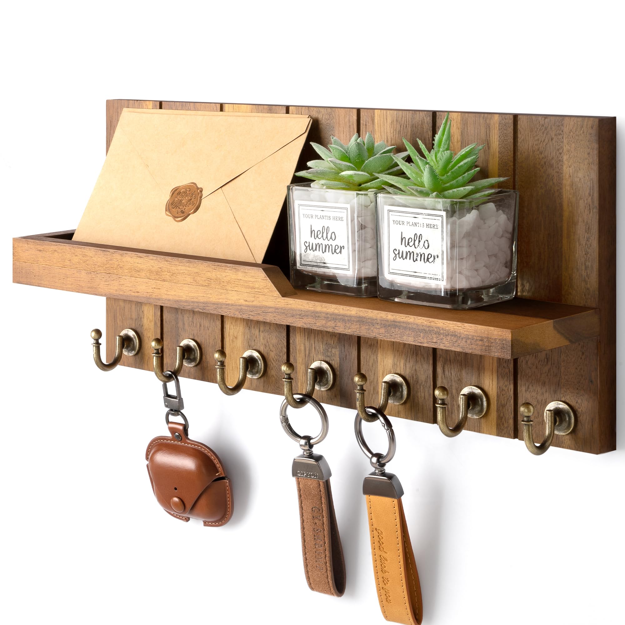 Rebee Vision Decorative Key Holder Wall Mount - Rustic Key Holder for Wall with Shelf and Mail Organizer for Living Room Decor - Home Essentials for Home Improvement (Brown, 3.54" x 10" x 7.28")