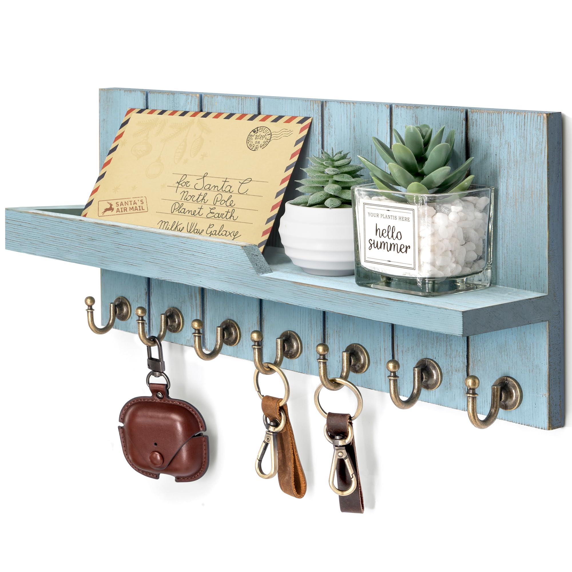 Rebee Vision Decorative Key Holder Wall Mount - Rustic Key Holder for Wall with Shelf and Mail Organizer for Living Room Decor - Home Essentials for Home Improvement (Brown, 3.54" x 10" x 7.28")