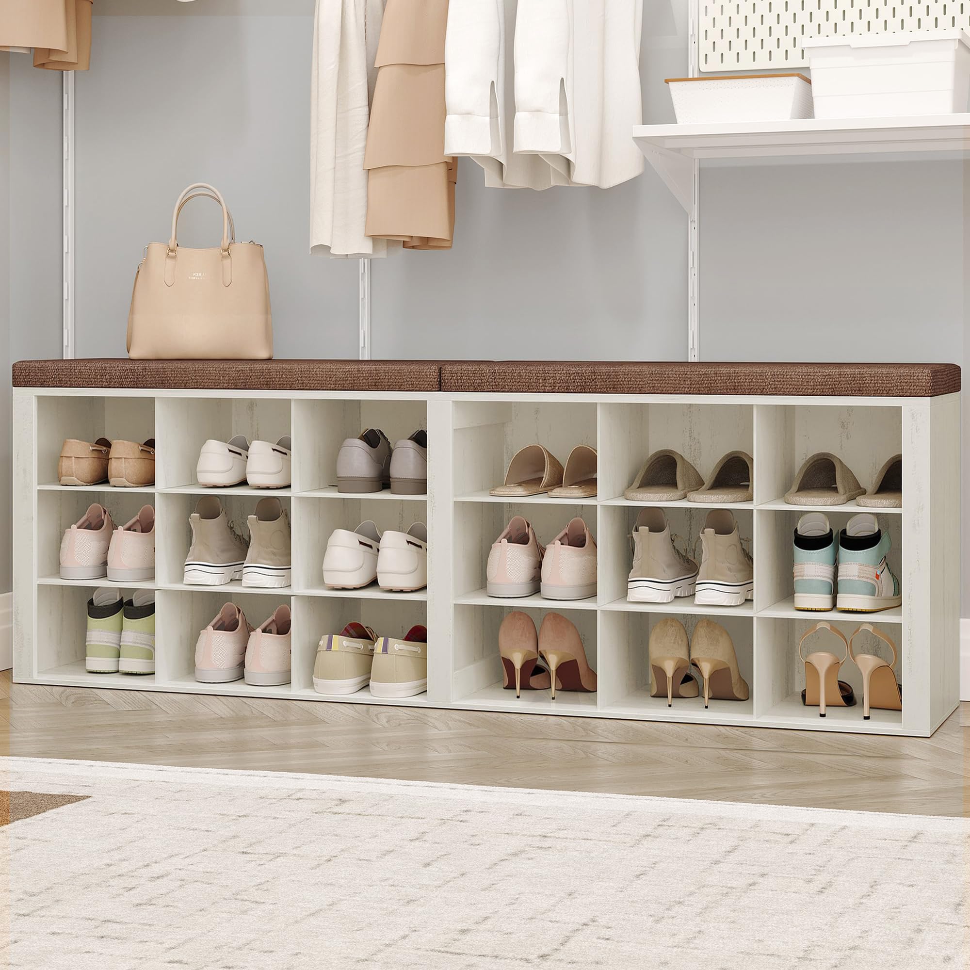 Hzuaneri Shoe Storage Bench with Cushion, Entryway Storage Bench with 18 Cubbies, 9.5" Widened Organizer Cabinet, Long Cubby Rack for Living Room, Bedroom, Entryway, White SB25703GY