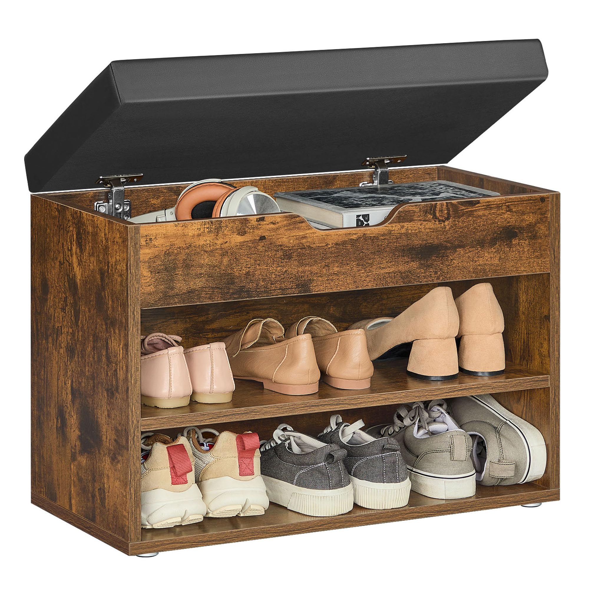 VASAGLE CUSTOS Collection - Storage Bench with Cushion, Shoe Bench, Padded Seat, Hidden Storage, Entryway, Hold up to 300 lb, 11.8 x 31.5 x 17.3 Inches, Rustic Brown and Ink Black ULHS30BX