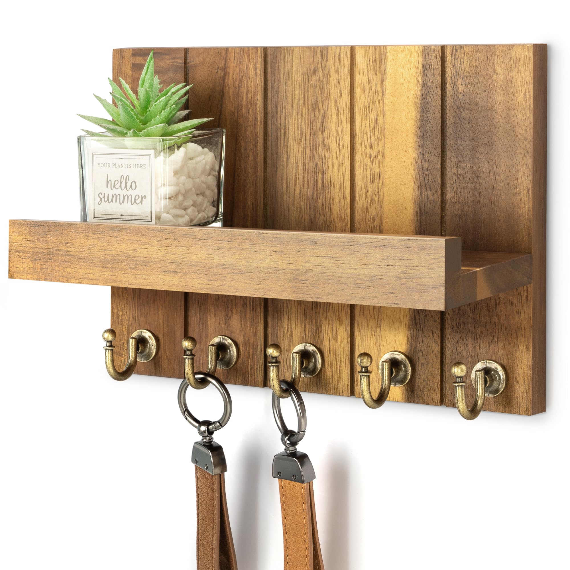 Rebee Vision Decorative Key Holder Wall Mount - Rustic Key Holder for Wall with Shelf and Mail Organizer for Living Room Decor - Home Essentials for Home Improvement (Brown, 3.54" x 10" x 7.28")