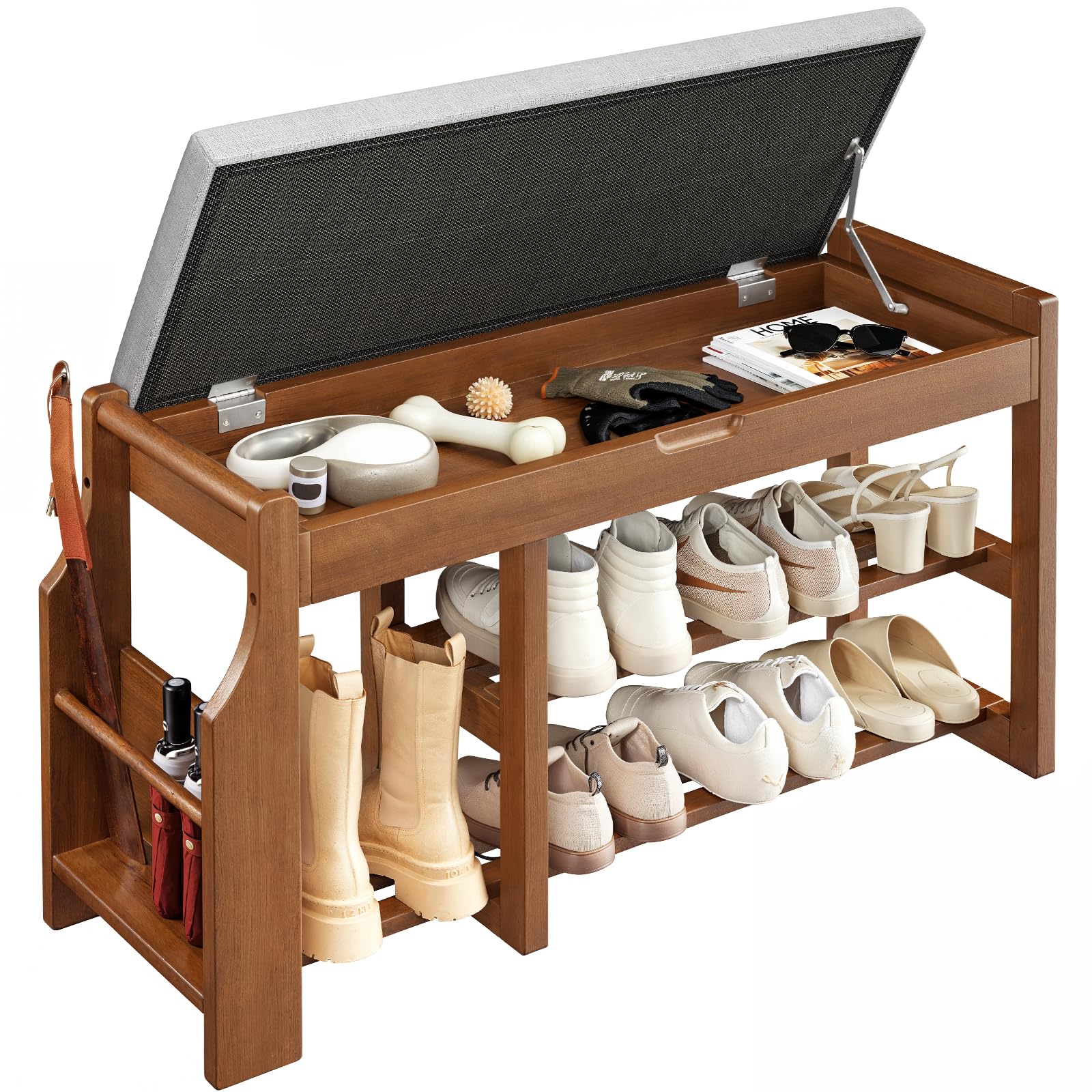 Pipishell 34″ Solid Pine Wood Shoe Rack Bench with Soft Cushion, 2 Tiers Shoe Storage Organizer with Lift-Top Storage and Side Holder, Holds up to 440 lbs, Shoe Bench for Entryway, Hallway, Bedroom