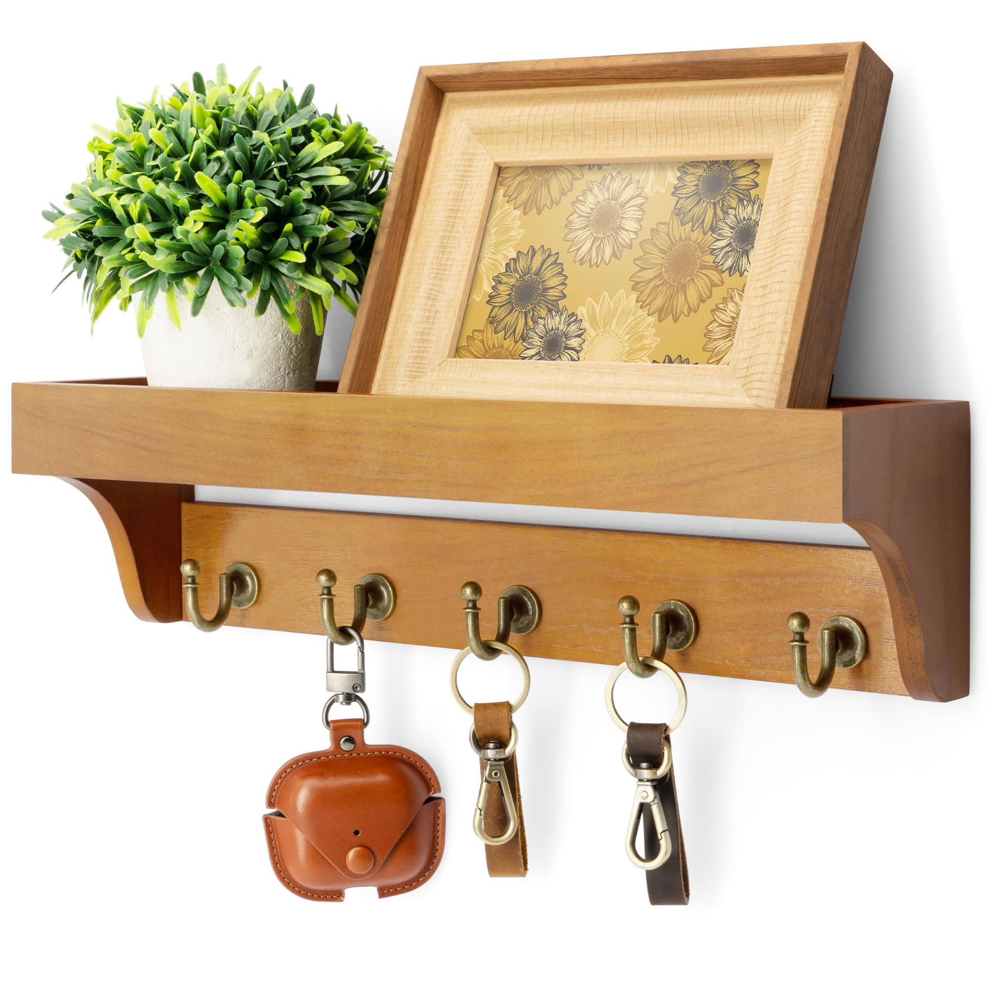 Rebee Vision Farmhouse Key Holder for Wall - Decorative Wooden Mail Organizer with 5 Rustic Key Hooks and Floating Shelf for Home Decor, Hallway, Entryway, Appartment (Retro Brown)