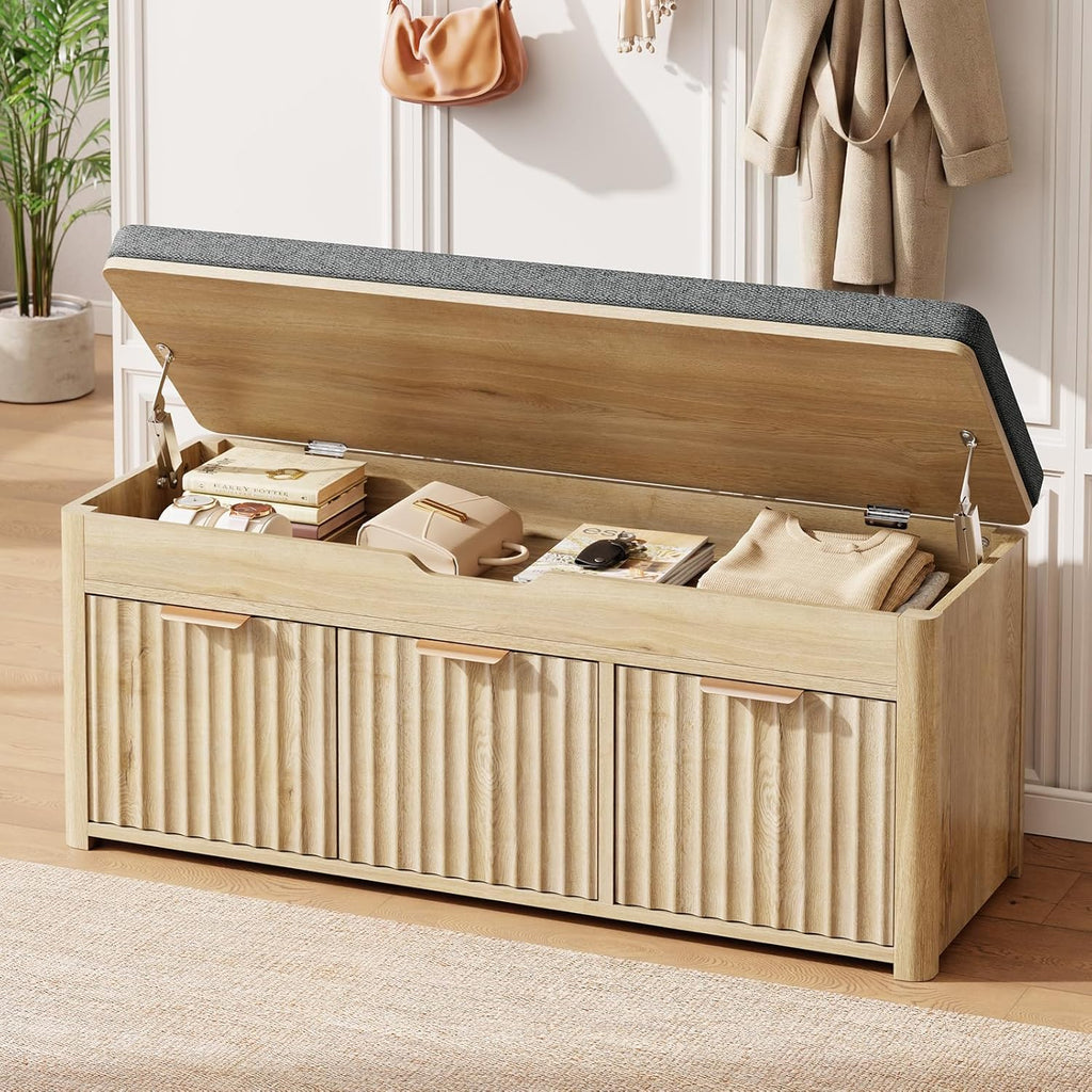 Shoe Bench with Storage - Lift Top Entryway Bench with Hidden Storage, Shoe Rack with Adjustable Shelves and Cushioned Seat, Wooden End of Bed Bench for Bedroom, Living Room and Hallway,Nature