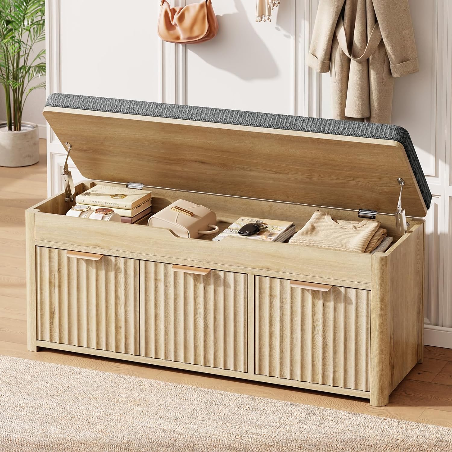 Shoe Bench with Storage - Lift Top Entryway Bench with Hidden Storage, Shoe Rack with Adjustable Shelves and Cushioned Seat, Wooden End of Bed Bench for Bedroom, Living Room and Hallway,Nature