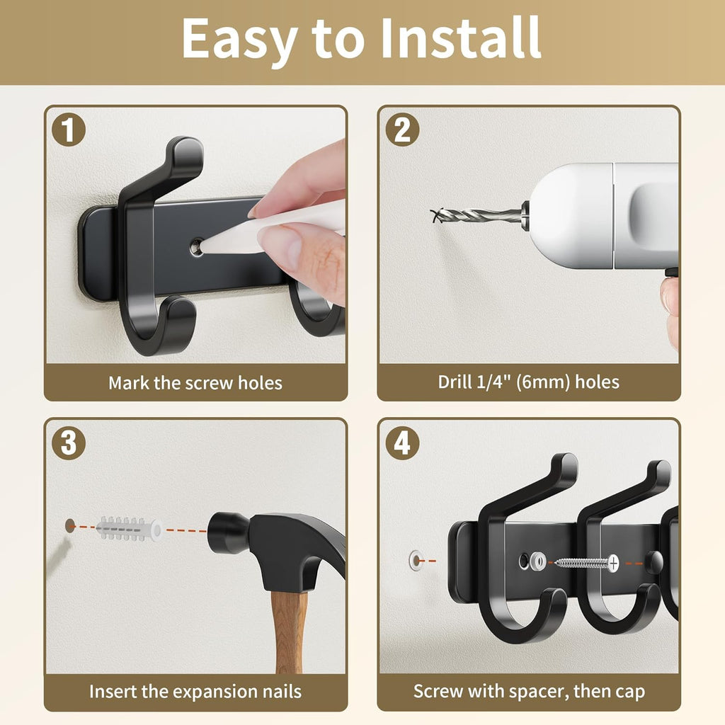 pickpiff Coat Rack Wall Mounted Heavy-Duty: Metal Coat Hanger 6 Hooks for Hanging Hat, Clothes, Robe, Keys, Backpack, Bathroom Towels, Jacket, Purse - Closet, Door, Entryway, Mudroom (Black, 1 Pack)