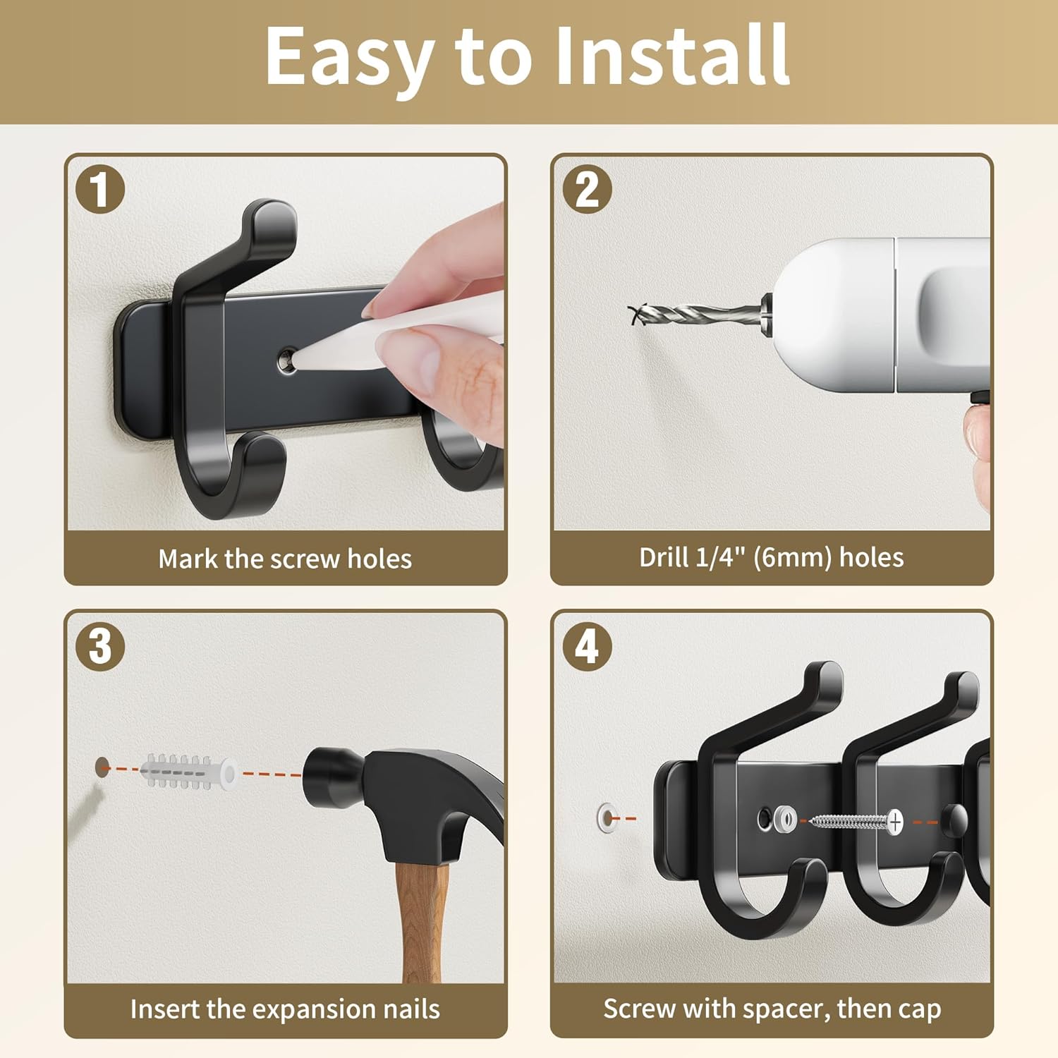 pickpiff Coat Rack Wall Mounted Heavy-Duty: Metal Coat Hanger 6 Hooks for Hanging Hat, Clothes, Robe, Keys, Backpack, Bathroom Towels, Jacket, Purse - Closet, Door, Entryway, Mudroom (Black, 1 Pack)