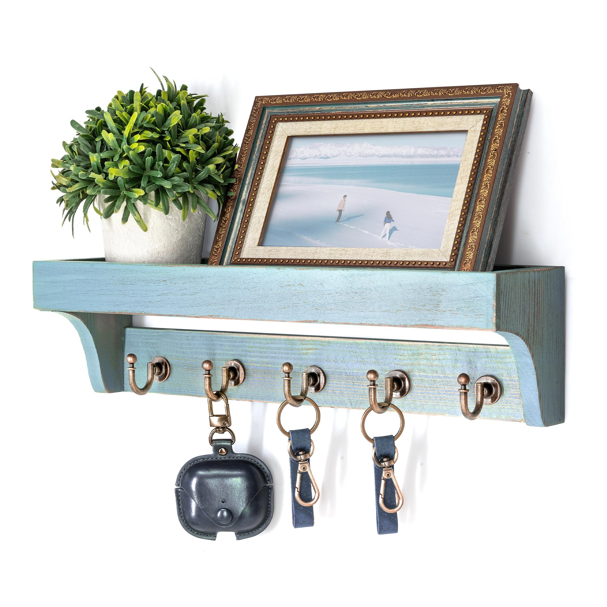 Rebee Vision Farmhouse Key Holder for Wall - Decorative Wooden Mail Organizer with 5 Rustic Key Hooks and Floating Shelf for Home Decor, Hallway, Entryway, Appartment (Retro Brown)