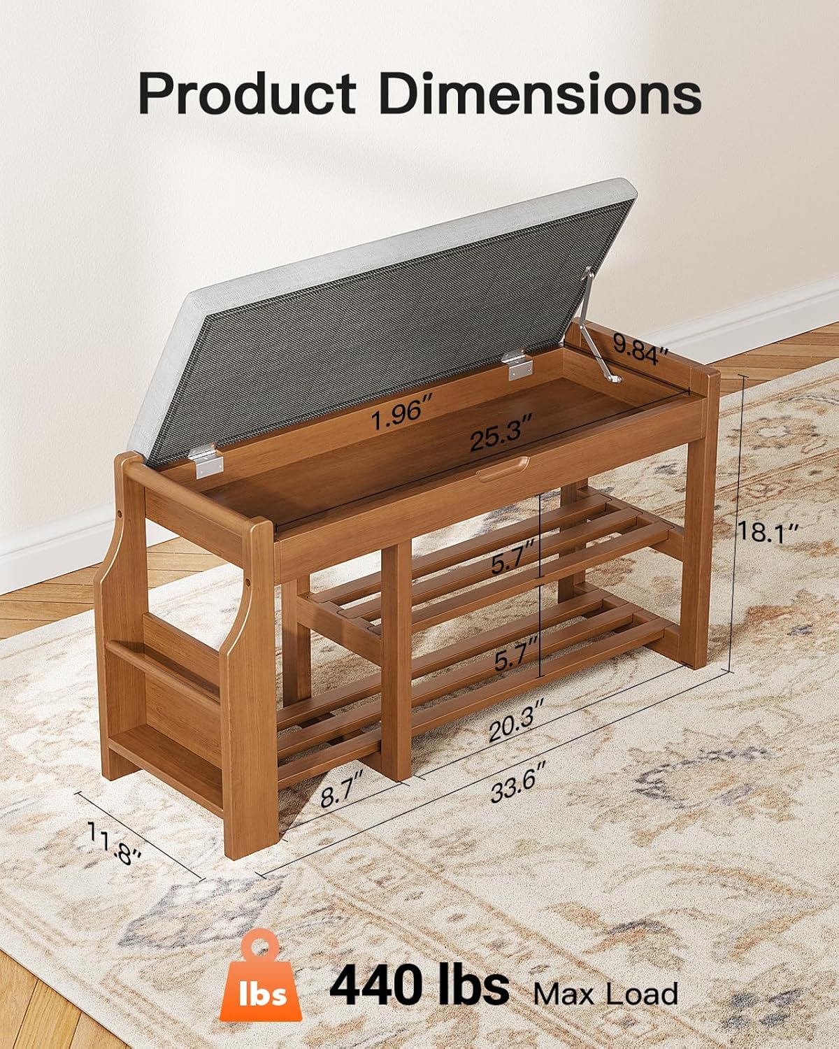 Pipishell 34″ Solid Pine Wood Shoe Rack Bench with Soft Cushion, 2 Tiers Shoe Storage Organizer with Lift-Top Storage and Side Holder, Holds up to 440 lbs, Shoe Bench for Entryway, Hallway, Bedroom