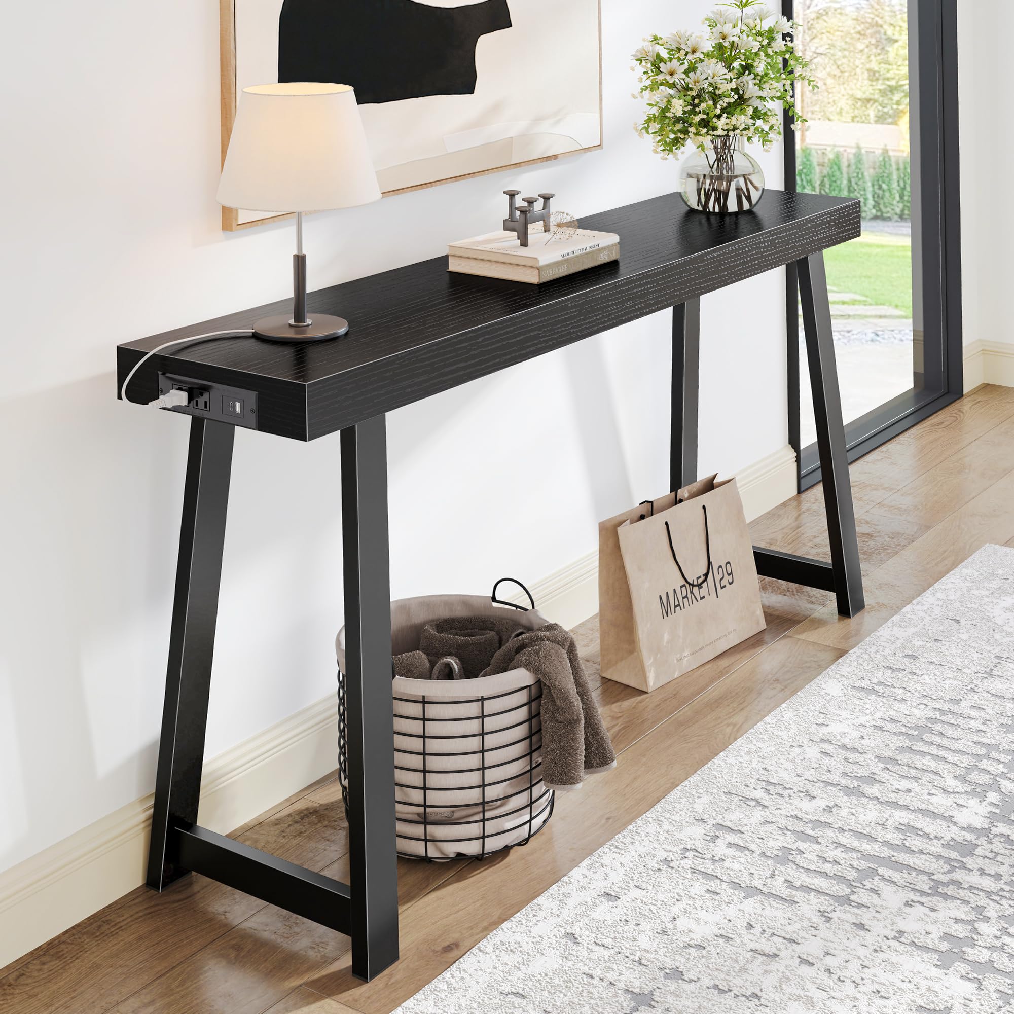 Huuger Entryway Console Table with Charging Station, USB-C Port, 39.4 Inch Sofa Table with Metal Legs, Entry Hallway Table with Thicker Desktop, Modern Behind Couch Table, Rustic Brown