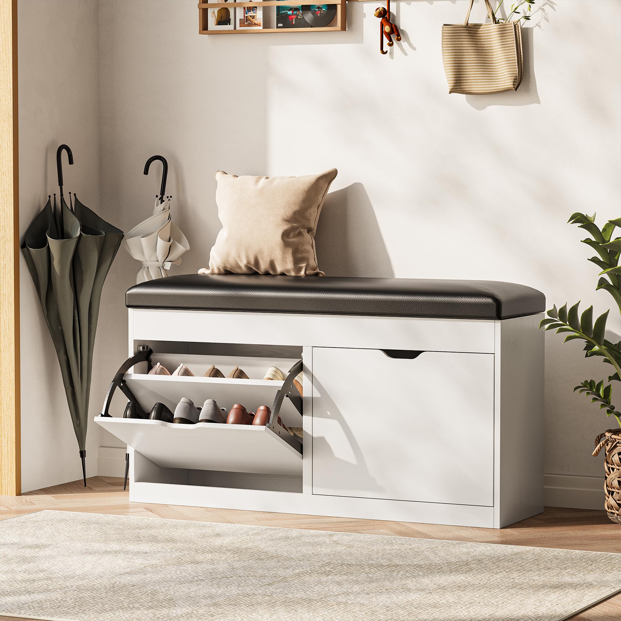 40" Shoe Storage Bench with 2 Flip Drawers & Padded Seat Cushion, Shoe Cabinet with Lift Top Storage Box, Shoe Bench Shoe Organizer for Entryway, Hallway, Living Room, Vintage Brown