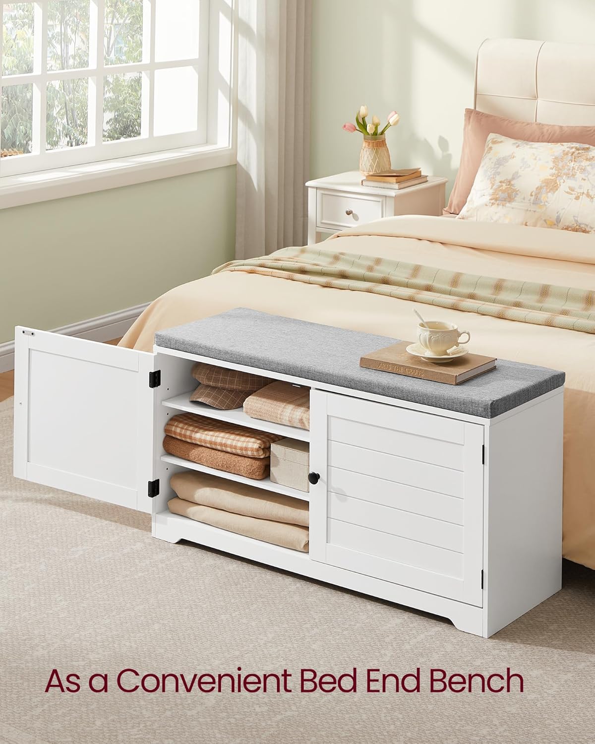 VASAGLE Shoe Storage Bench with Cushion, 3-Tier Entryway Bench with Padded Seat, Doors, Adjustable Shelves, 14 x 39.8 x 20.7 Inches, for Hallway, Bedroom, Cloud White and Dove Gray ULSB044W01