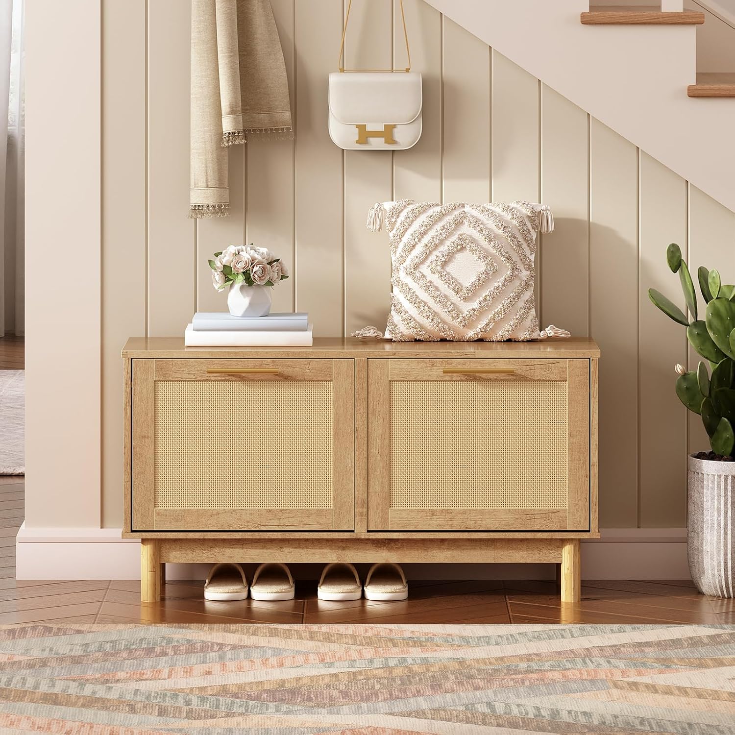 HOOBRO Shoe Storage Bench, Rattan Entryway Bench with 2 Flip Drawers, 39.4'' Hidden Shoe Cabinet with Adjustable Shelves, Comfort Seat Holds 300lb, Large Capacity Fits 8-12 Pairs, Natural NL51HX01