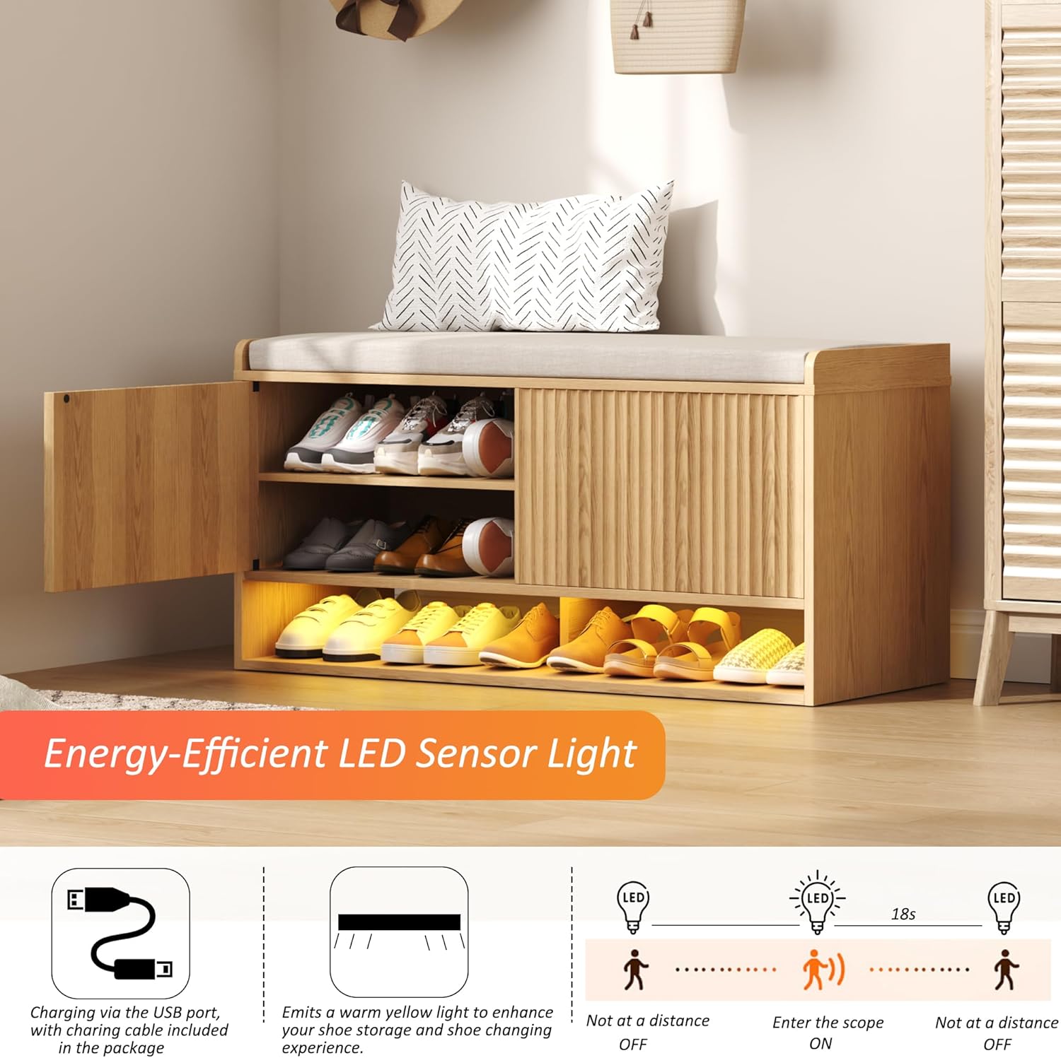 HOMEFORT 39.4" Fluted Shoe Storage Bench, Entryway Bench with Linen Seat Cushion, Shoe Cabinet Bench with Adjustable Shelf and Built-in LED Sensor Light, Bench for Bedroom End of Bed, Natural Oak