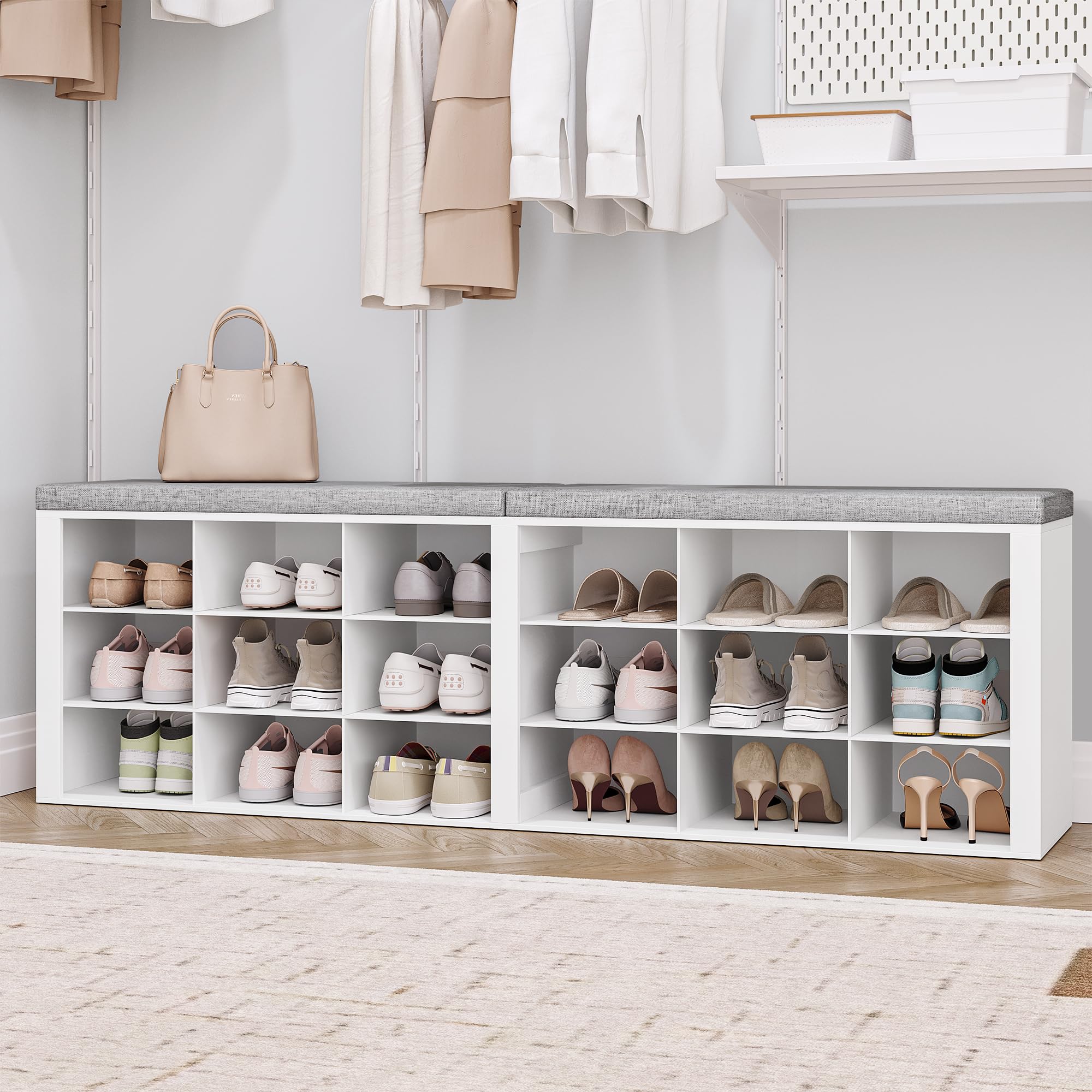 Hzuaneri Shoe Storage Bench with Cushion, Entryway Storage Bench with 18 Cubbies, 9.5" Widened Organizer Cabinet, Long Cubby Rack for Living Room, Bedroom, Entryway, White SB25703GY