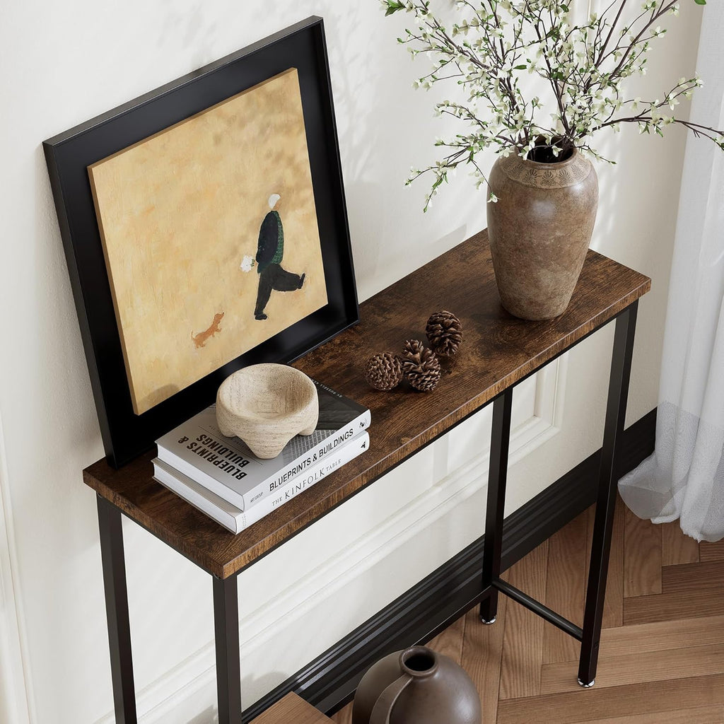 Narrow Console Table for Entryway with One-Piece Desktop (No Splicing), Slim Sofa Table Behind Couch, Thin Hallway Table for Small Spaces, Living Room Bedroom Office, Brown