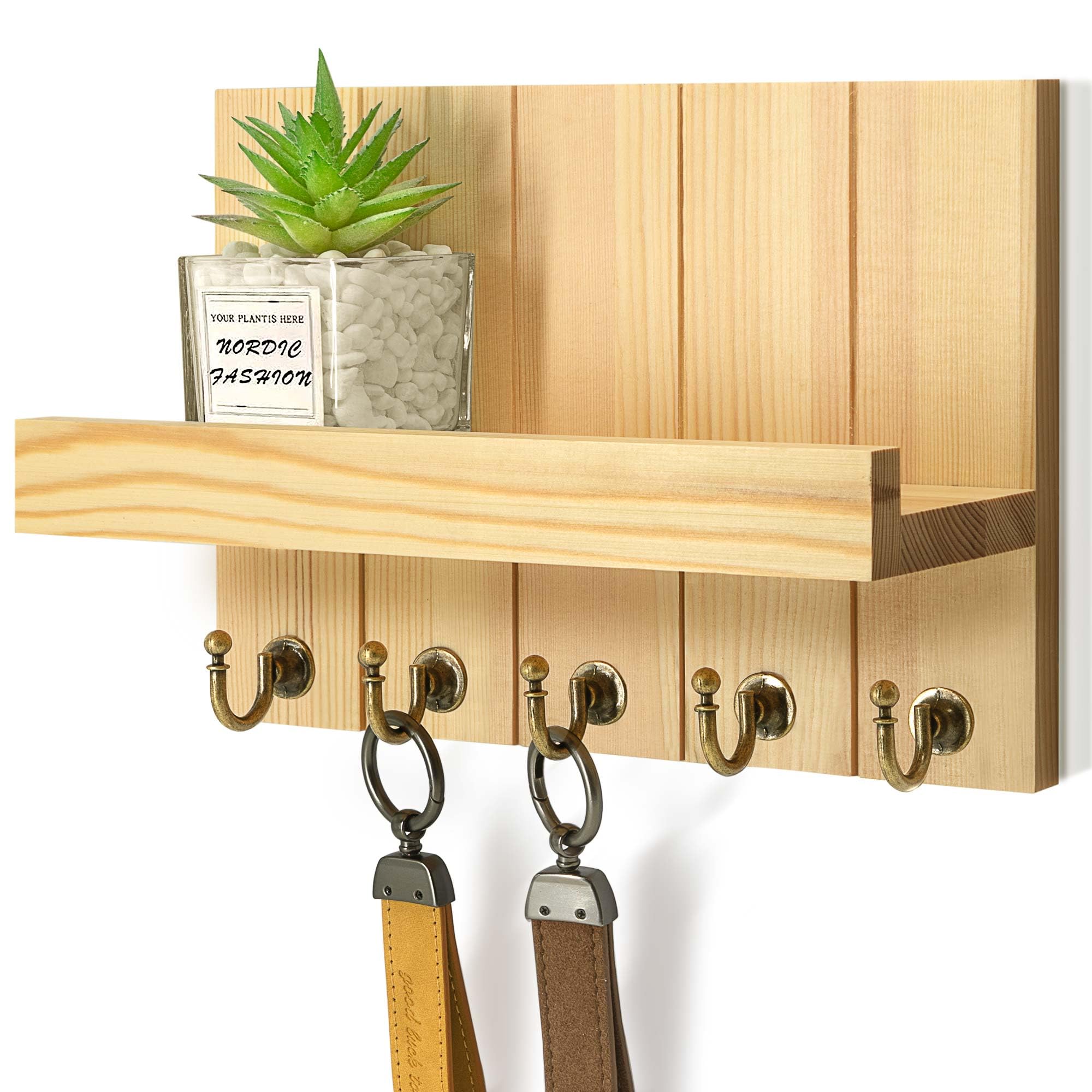 Rebee Vision Decorative Key Holder Wall Mount - Rustic Key Holder for Wall with Shelf and Mail Organizer for Living Room Decor - Home Essentials for Home Improvement (Brown, 3.54" x 10" x 7.28")