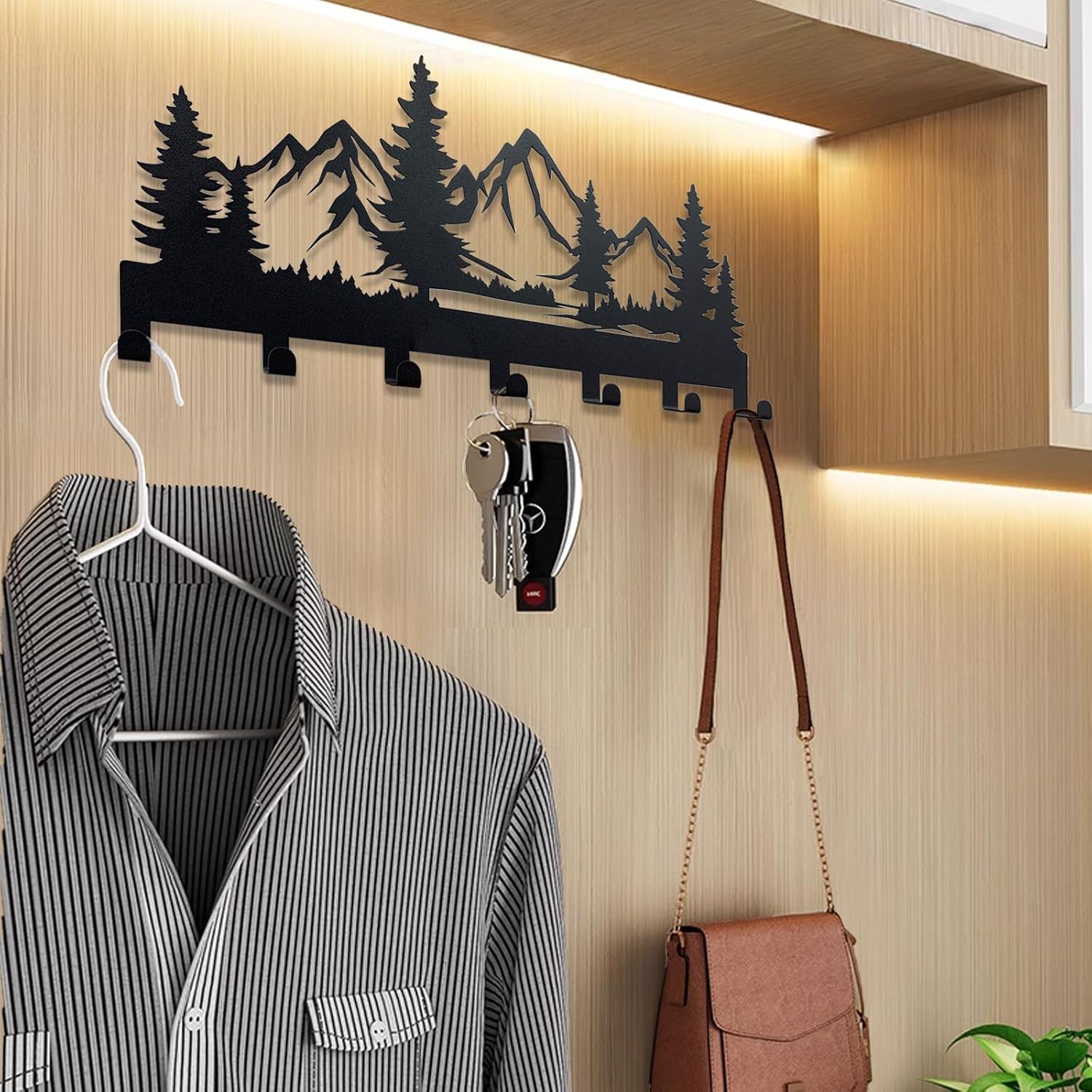 Metal Key Holder, Wall Mounted Key Hooks, Key Holder for Wall, Key Organizer Rack with 7 Hooks, Key Hanger Decor for Kitchen, Entryway, Hallway, Bedroom, Doorway (Mountain 12IN)