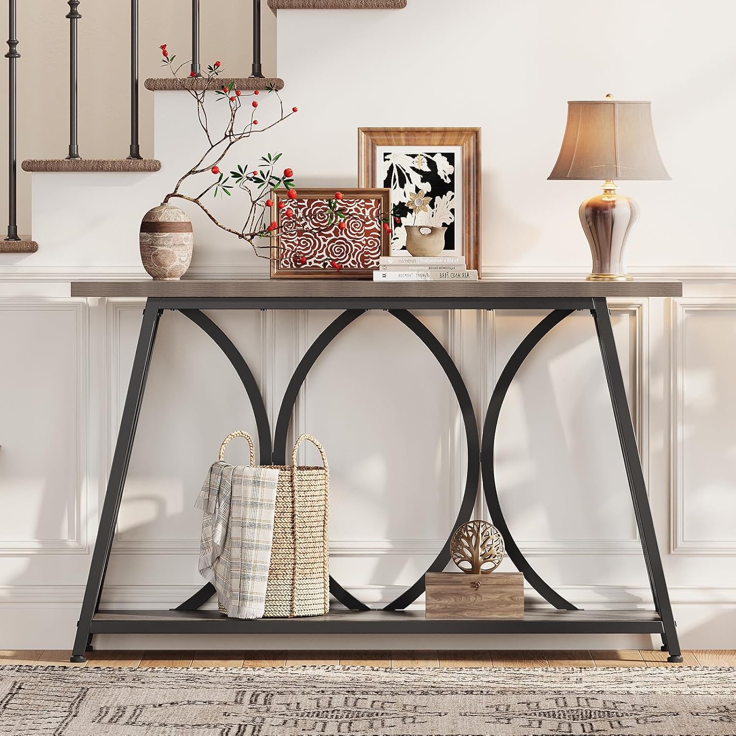 GiftGo 47.24 Inch Entryway Console Table, Industrial Sofa Table Behind Couch with Shelves, 2 Tier Wood Accent Table with Metal Frame for Living Room, Entrance, Hallway, Foyer, Vintage Gray