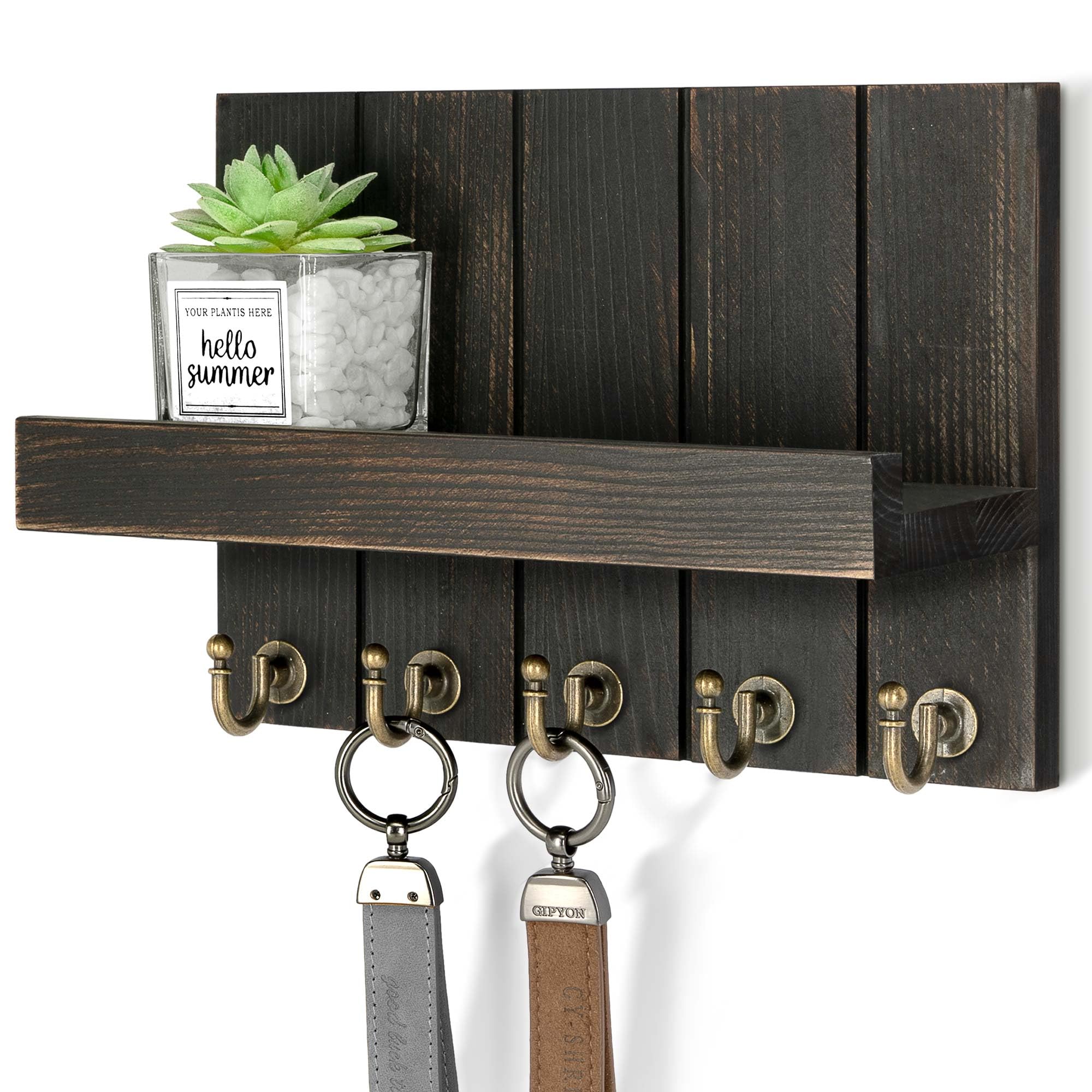 Rebee Vision Decorative Key Holder Wall Mount - Rustic Key Holder for Wall with Shelf and Mail Organizer for Living Room Decor - Home Essentials for Home Improvement (Brown, 3.54" x 10" x 7.28")