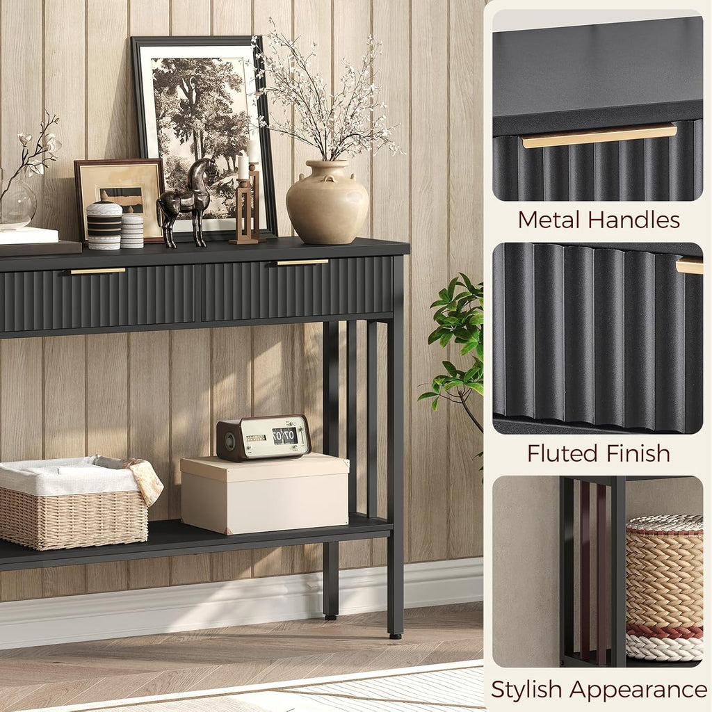 MAHANCRIS Console Table, Narrow Long Entry Table with Storage Shelf, 2-Tier Fluted Entryway Table with 2 Drawers, for Entryway, Living Room, Foyer, Hallway, Office, Black CTHB5101