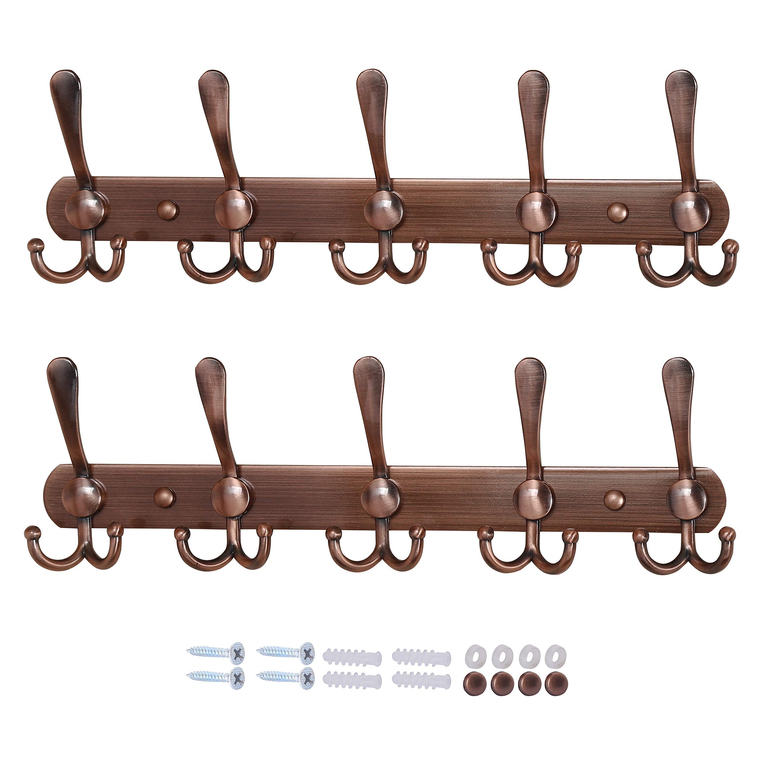Dseap Coat Rack Wall Mounted - 5 Tri Hooks, Heavy Duty, Stainless Steel, Metal Coat Hook Rail for Coat Hat Towel Purse Robes Mudroom Bathroom Entryway (Black, 2 Packs)