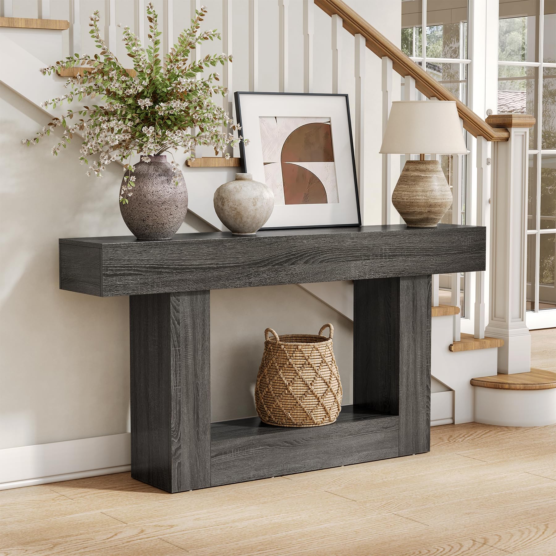 LITTLE TREE 63 Inches Long Console Table, 2-Tier Farmhouse Sofa Table Behind Couch, Large Narrow Entryway Table for Living Room, Wooden Hallway Foyer Table with Heavy Duty Base, Rustic Brown and Grey