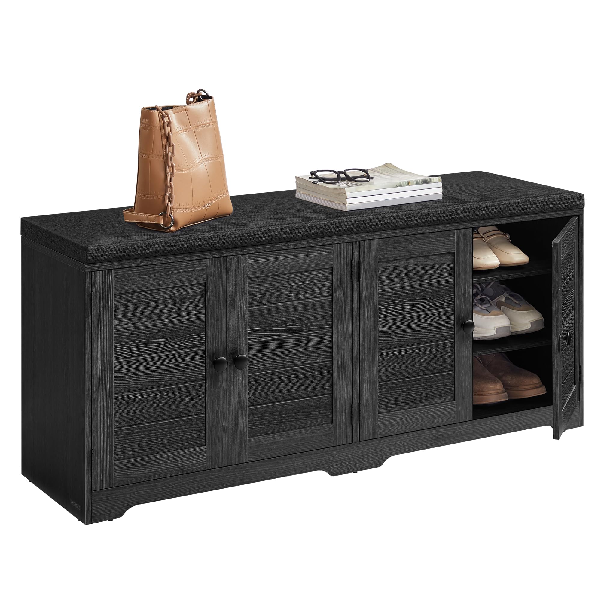 VASAGLE Shoe Storage Bench with Cushion, 3-Tier Entryway Bench with Padded Seat, Doors, Adjustable Shelves, 14 x 39.8 x 20.7 Inches, for Hallway, Bedroom, Cloud White and Dove Gray ULSB044W01