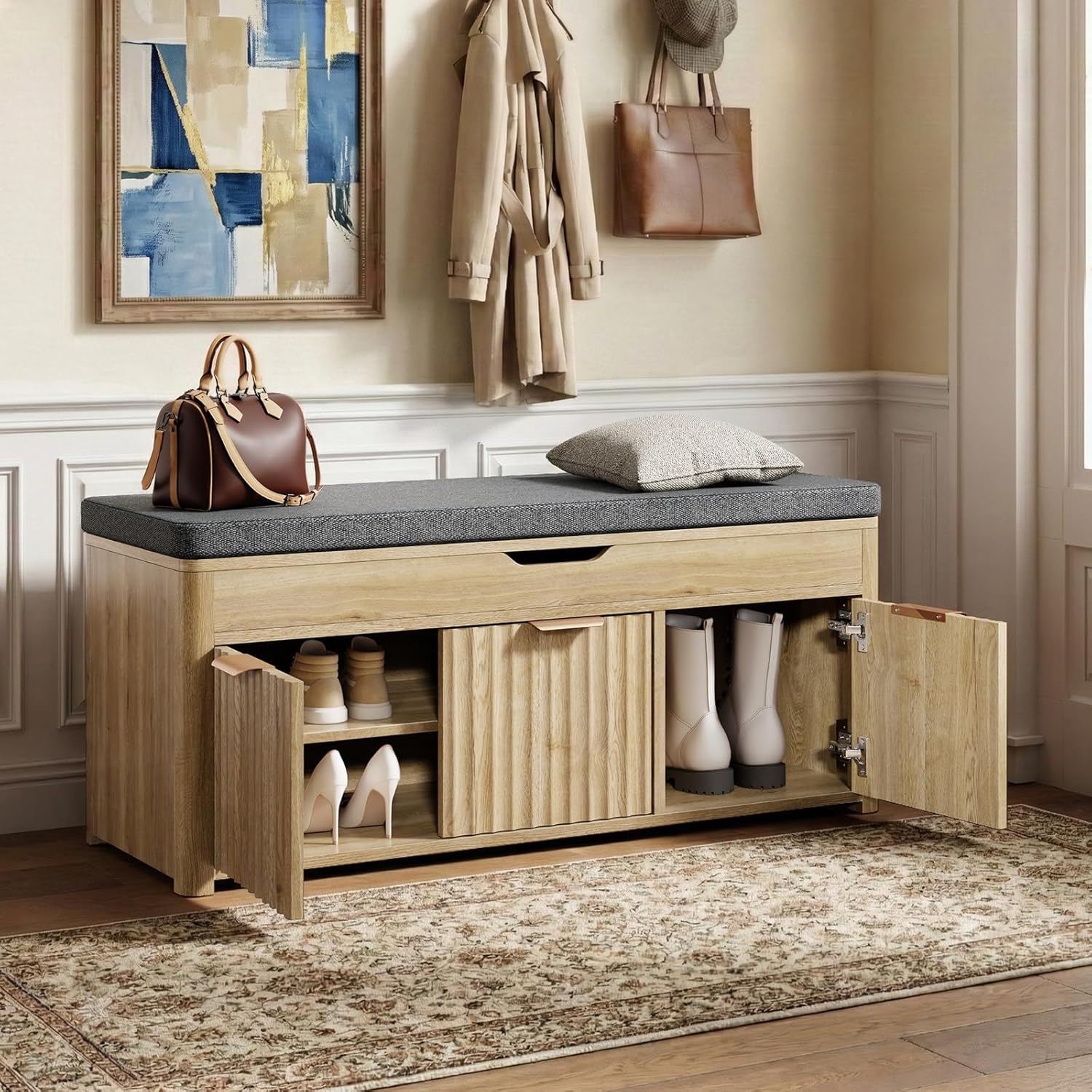 Shoe Bench with Storage - Lift Top Entryway Bench with Hidden Storage, Shoe Rack with Adjustable Shelves and Cushioned Seat, Wooden End of Bed Bench for Bedroom, Living Room and Hallway,Nature