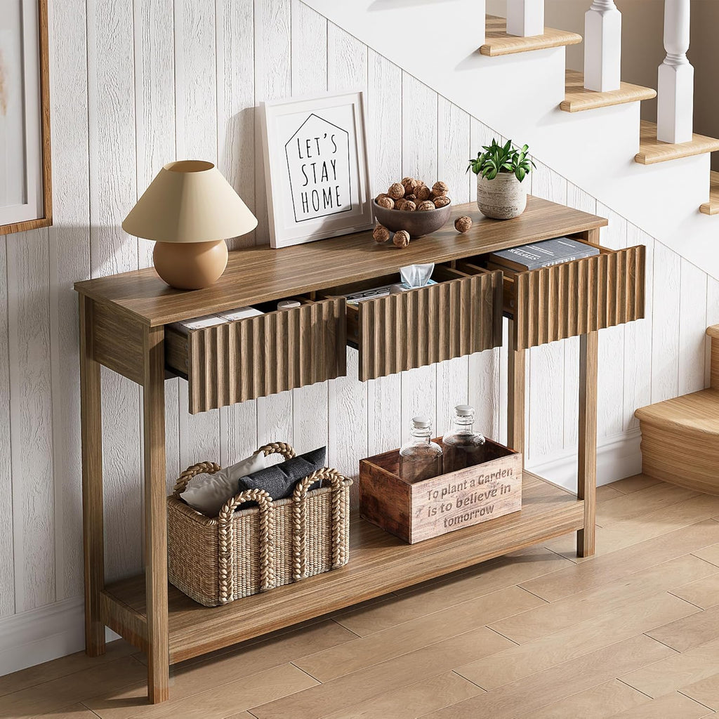 Treocho 47" Console Table with Drawers, Fluted Narrow Entryway Table with Open Shelf, Farmhouse Sofa Table Behind Couch for Hallway, Living Room, Brown