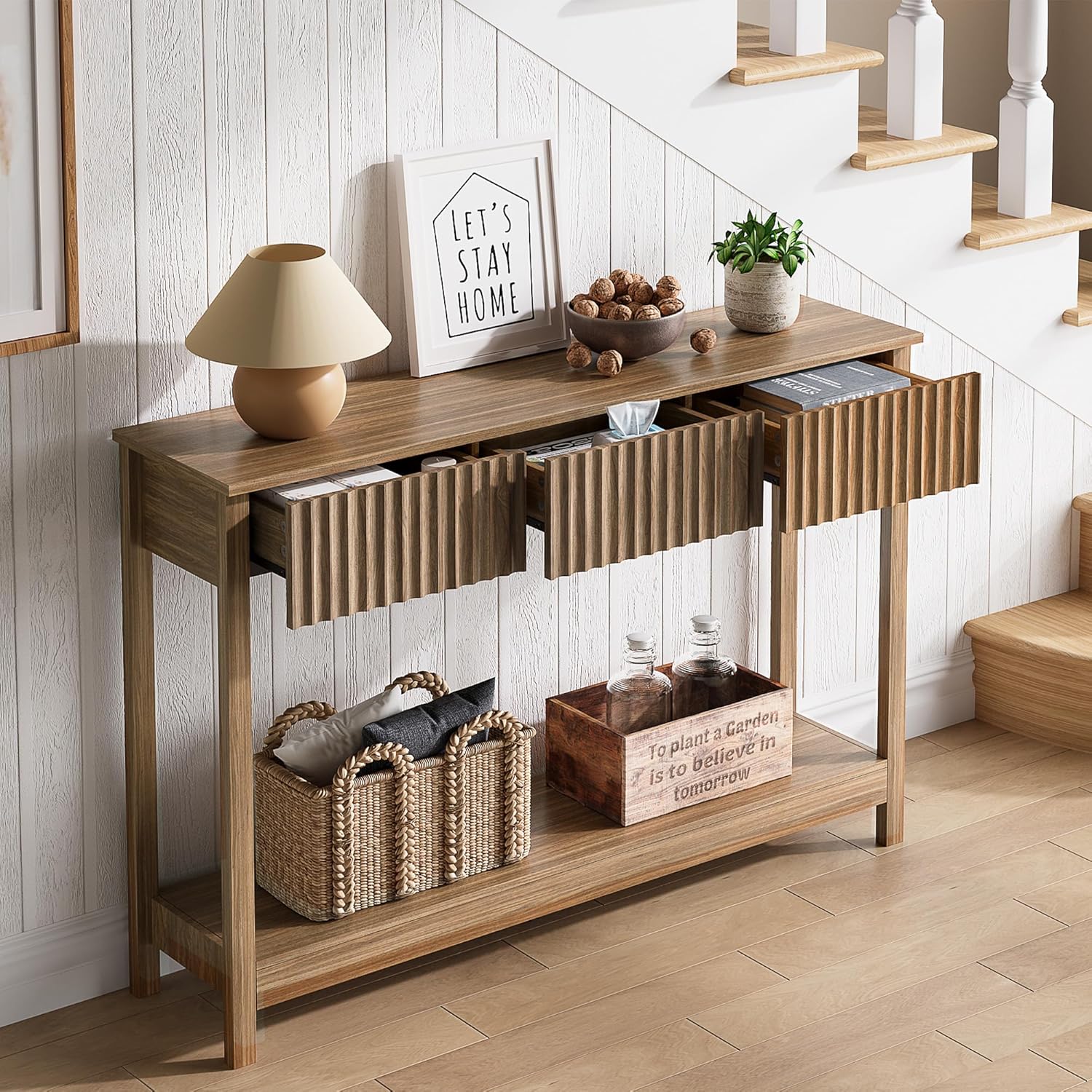 Treocho 47" Console Table with Drawers, Fluted Narrow Entryway Table with Open Shelf, Farmhouse Sofa Table Behind Couch for Hallway, Living Room, Brown