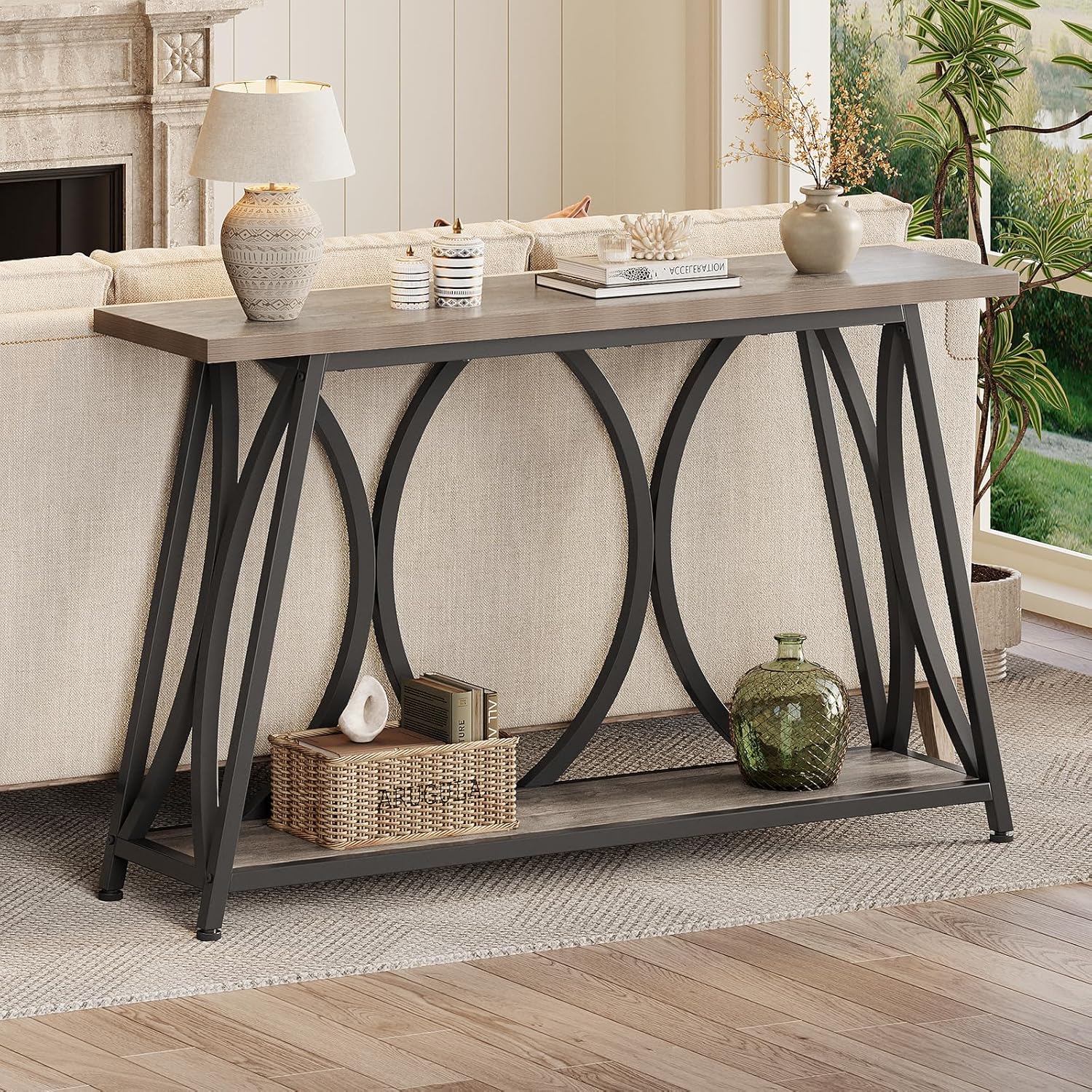 GiftGo 47.24 Inch Entryway Console Table, Industrial Sofa Table Behind Couch with Shelves, 2 Tier Wood Accent Table with Metal Frame for Living Room, Entrance, Hallway, Foyer, Vintage Gray