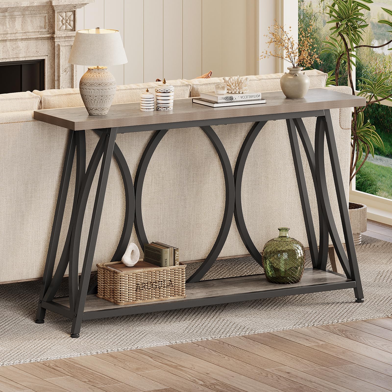 GiftGo 47.24 Inch Entryway Console Table, Industrial Sofa Table Behind Couch with Shelves, 2 Tier Wood Accent Table with Metal Frame for Living Room, Entrance, Hallway, Foyer, Vintage Gray
