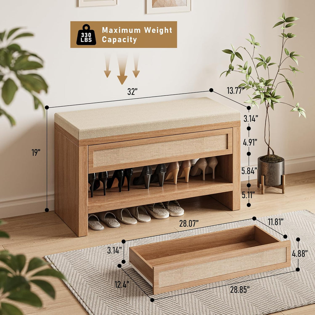 32” Shoe Bench with Storage Drawer, Farmhouse Entryway Bench with Linen Seat Cushion, Wooden Shoe Rack with Shelf for Entryway Hallway Living Room Bedroom, Oak