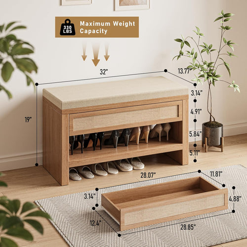 32” Shoe Bench with Storage Drawer, Farmhouse Entryway Bench with Linen Seat Cushion, Wooden Shoe Rack with Shelf for Entryway Hallway Living Room Bedroom, Oak