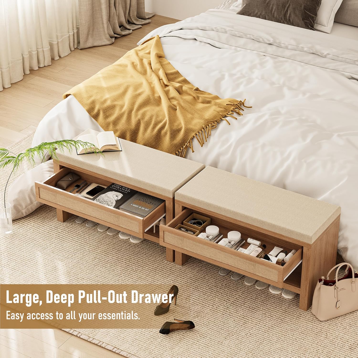 32” Shoe Bench with Storage Drawer, Farmhouse Entryway Bench with Linen Seat Cushion, Wooden Shoe Rack with Shelf for Entryway Hallway Living Room Bedroom, Oak