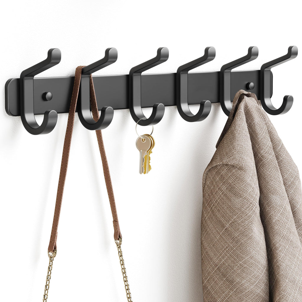 pickpiff Coat Rack Wall Mounted Heavy-Duty: Metal Coat Hanger 6 Hooks for Hanging Hat, Clothes, Robe, Keys, Backpack, Bathroom Towels, Jacket, Purse - Closet, Door, Entryway, Mudroom (Black, 1 Pack)