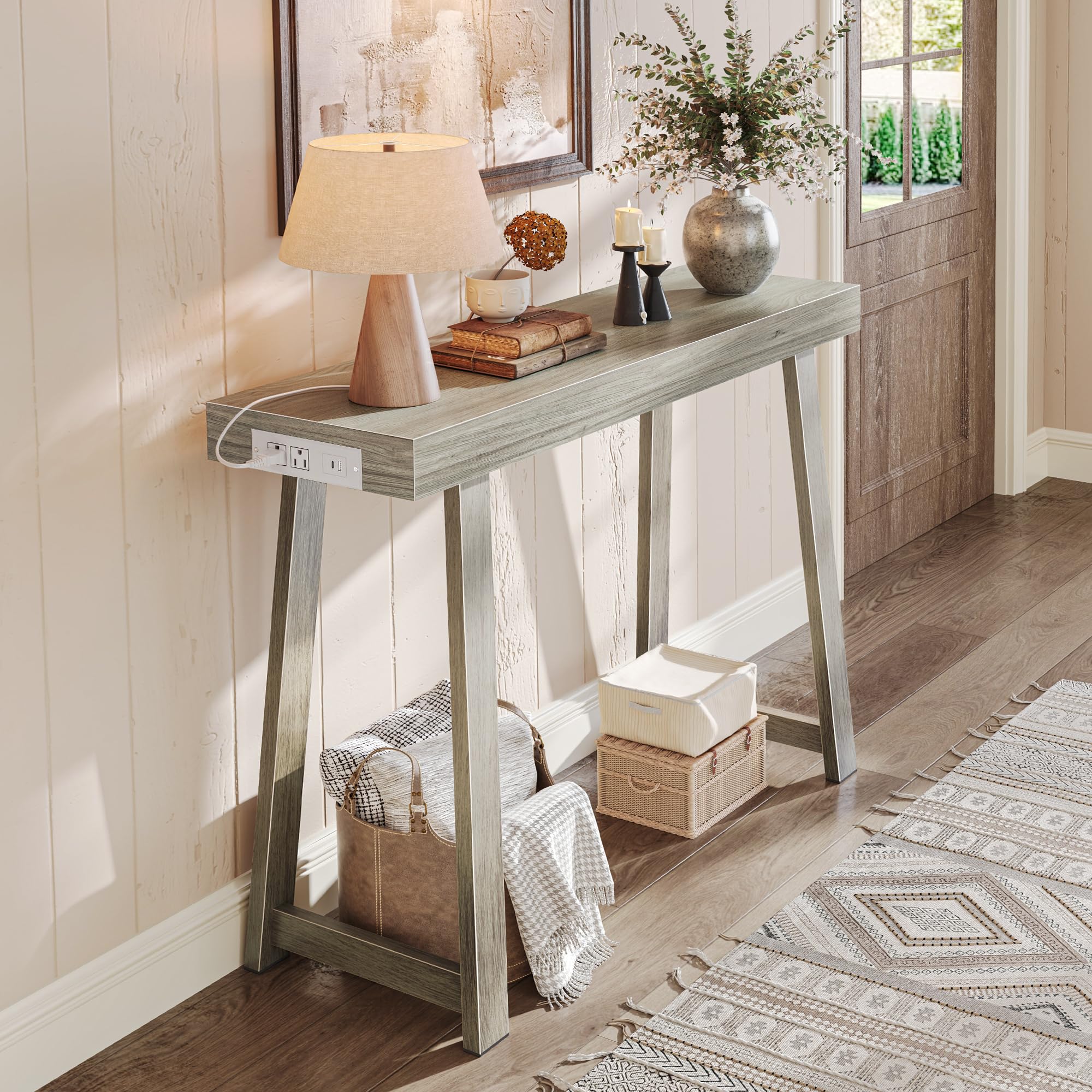 Huuger Entryway Console Table with Charging Station, USB-C Port, 39.4 Inch Sofa Table with Metal Legs, Entry Hallway Table with Thicker Desktop, Modern Behind Couch Table, Rustic Brown