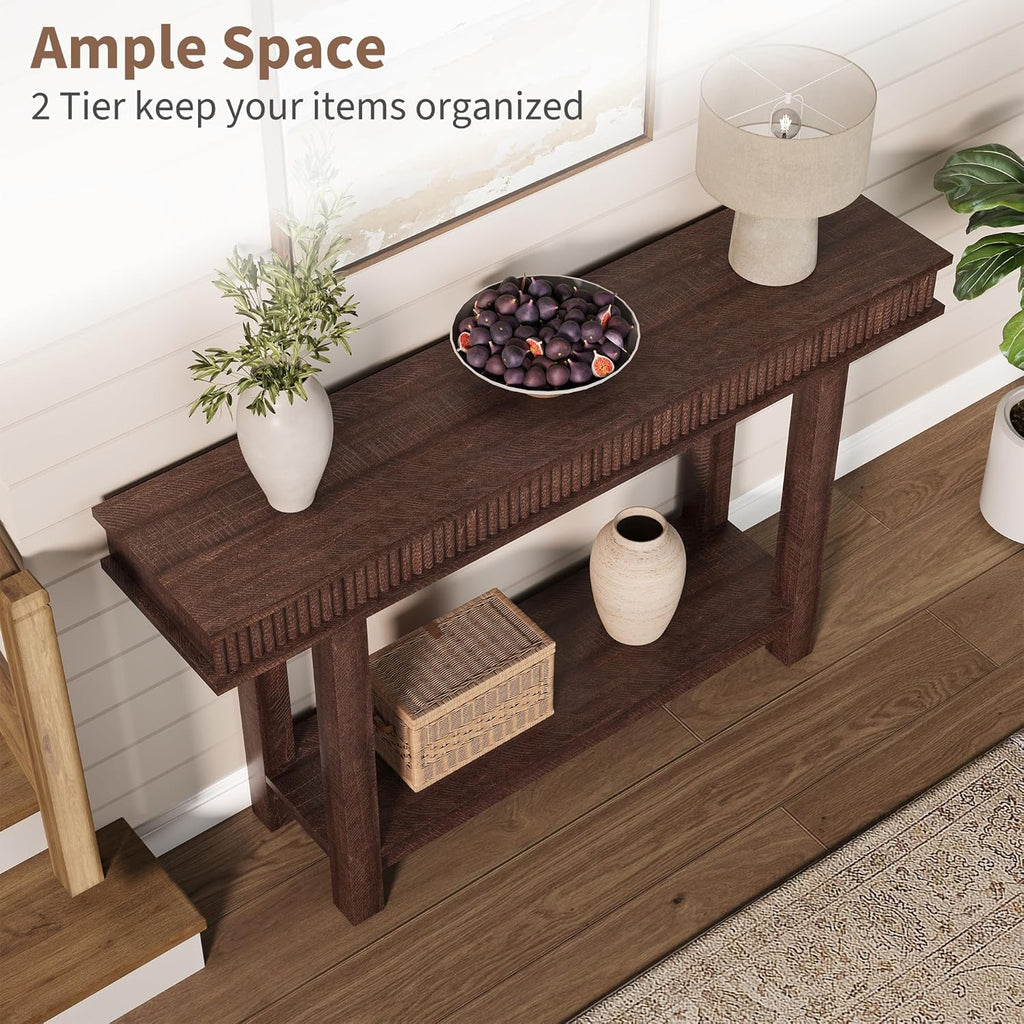 Garvee Farmhouse Fluted Console Table, 2 Tier Wooden Entryway Table with Shelf Storage, Rectangular Narrow Sofa Table Behind Couch, Entry Table Foyer Hallway Table for Entrance, Hallway, Living Room