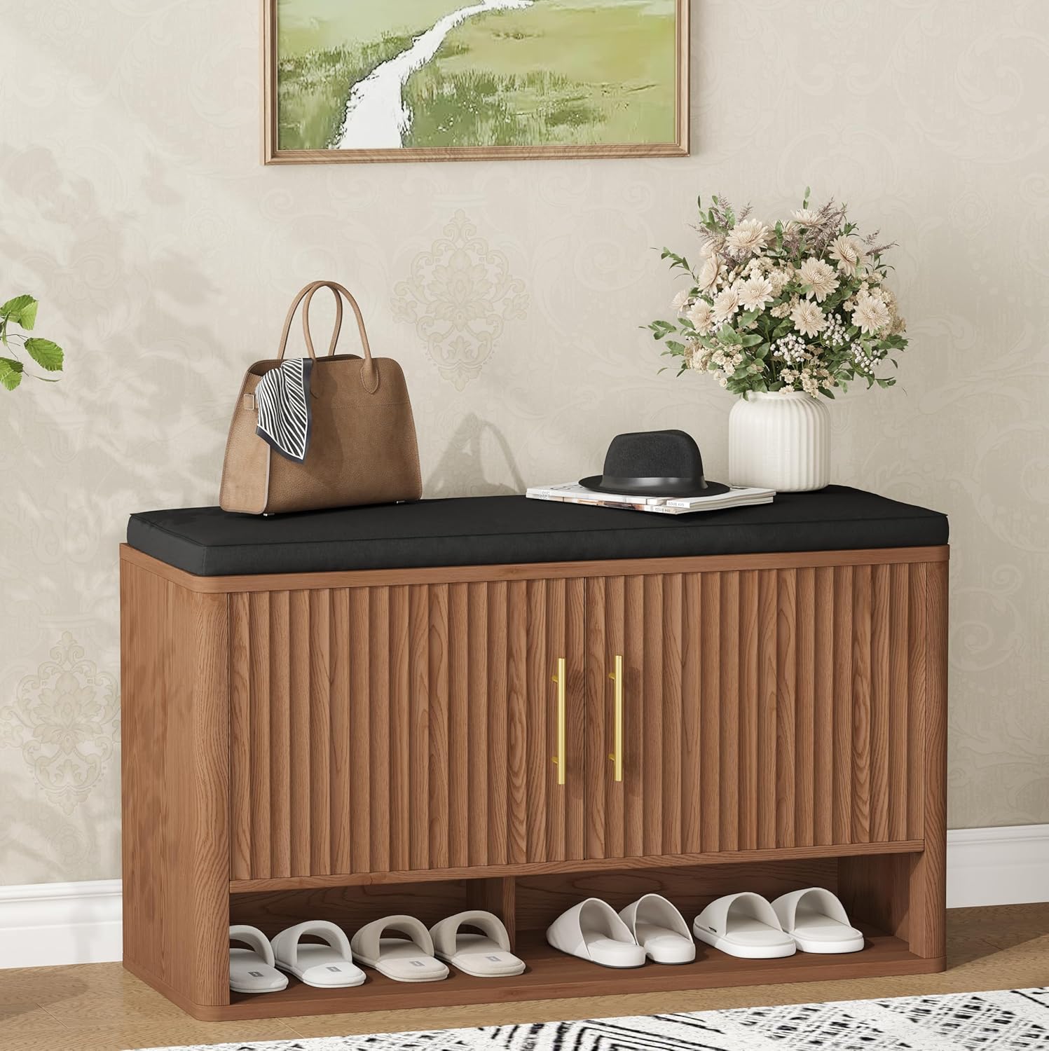 Fluted Shoe Storage Bench with Cushion, Entryway Bench with Adjustable Shelves and Open Bottom Shelf, 3-Tier Hidden Shoe Cabinet Storage for Entryway, Hallway, Living Room, Bedroom, Walnut