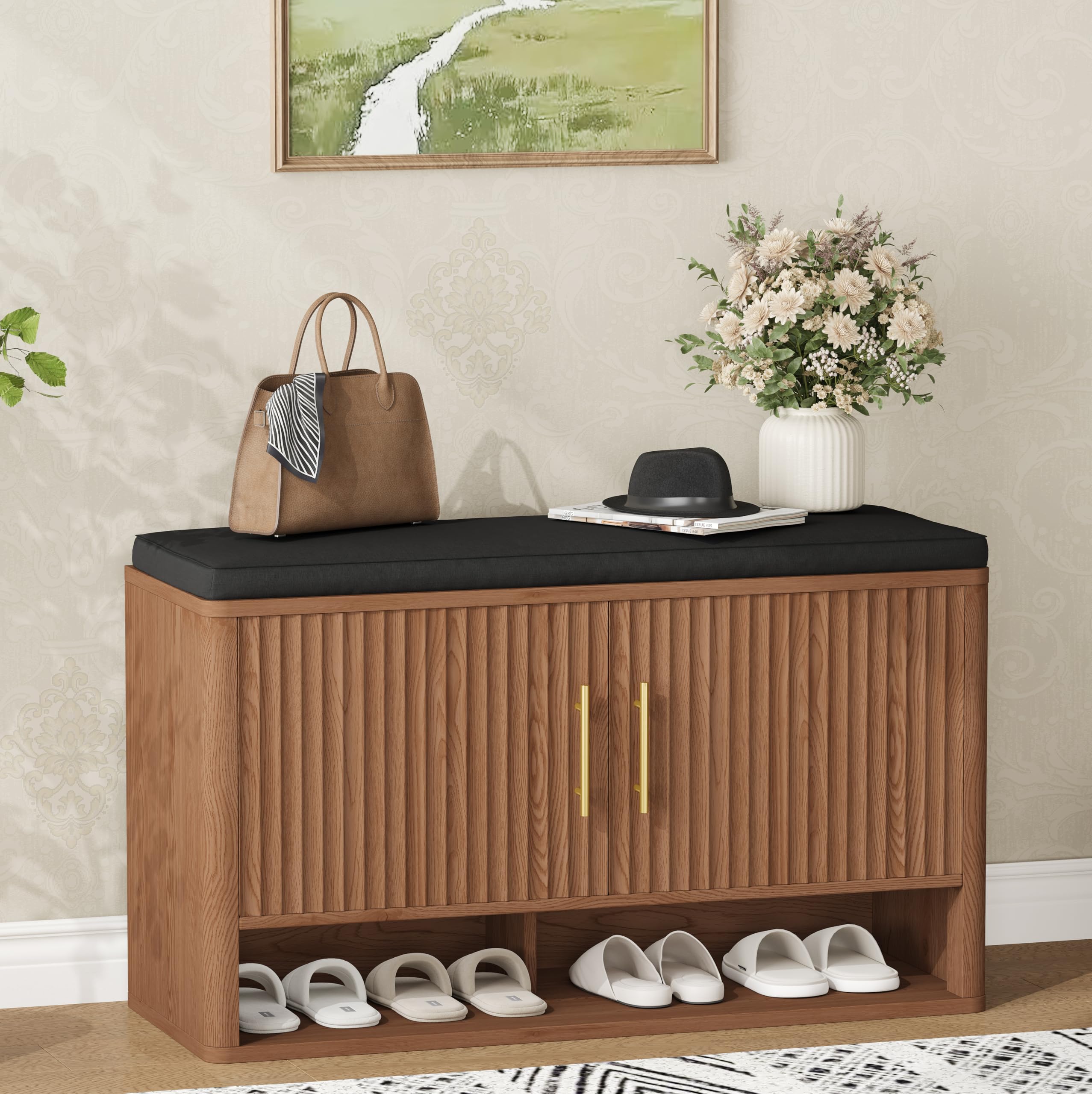 Fluted Shoe Storage Bench with Cushion, Entryway Bench with Adjustable Shelves and Open Bottom Shelf, 3-Tier Hidden Shoe Cabinet Storage for Entryway, Hallway, Living Room, Bedroom, Walnut
