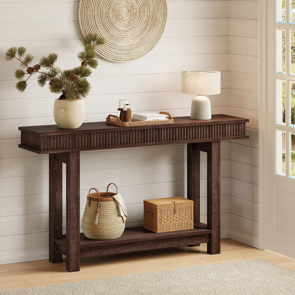 Garvee Farmhouse Fluted Console Table, 2 Tier Wooden Entryway Table with Shelf Storage, Rectangular Narrow Sofa Table Behind Couch, Entry Table Foyer Hallway Table for Entrance, Hallway, Living Room