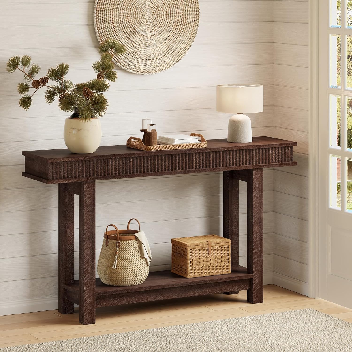 Garvee Farmhouse Fluted Console Table, 2 Tier Wooden Entryway Table with Shelf Storage, Rectangular Narrow Sofa Table Behind Couch, Entry Table Foyer Hallway Table for Entrance, Hallway, Living Room