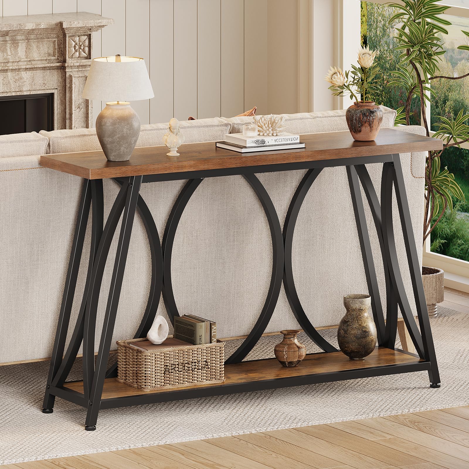 GiftGo 47.24 Inch Entryway Console Table, Industrial Sofa Table Behind Couch with Shelves, 2 Tier Wood Accent Table with Metal Frame for Living Room, Entrance, Hallway, Foyer, Vintage Gray