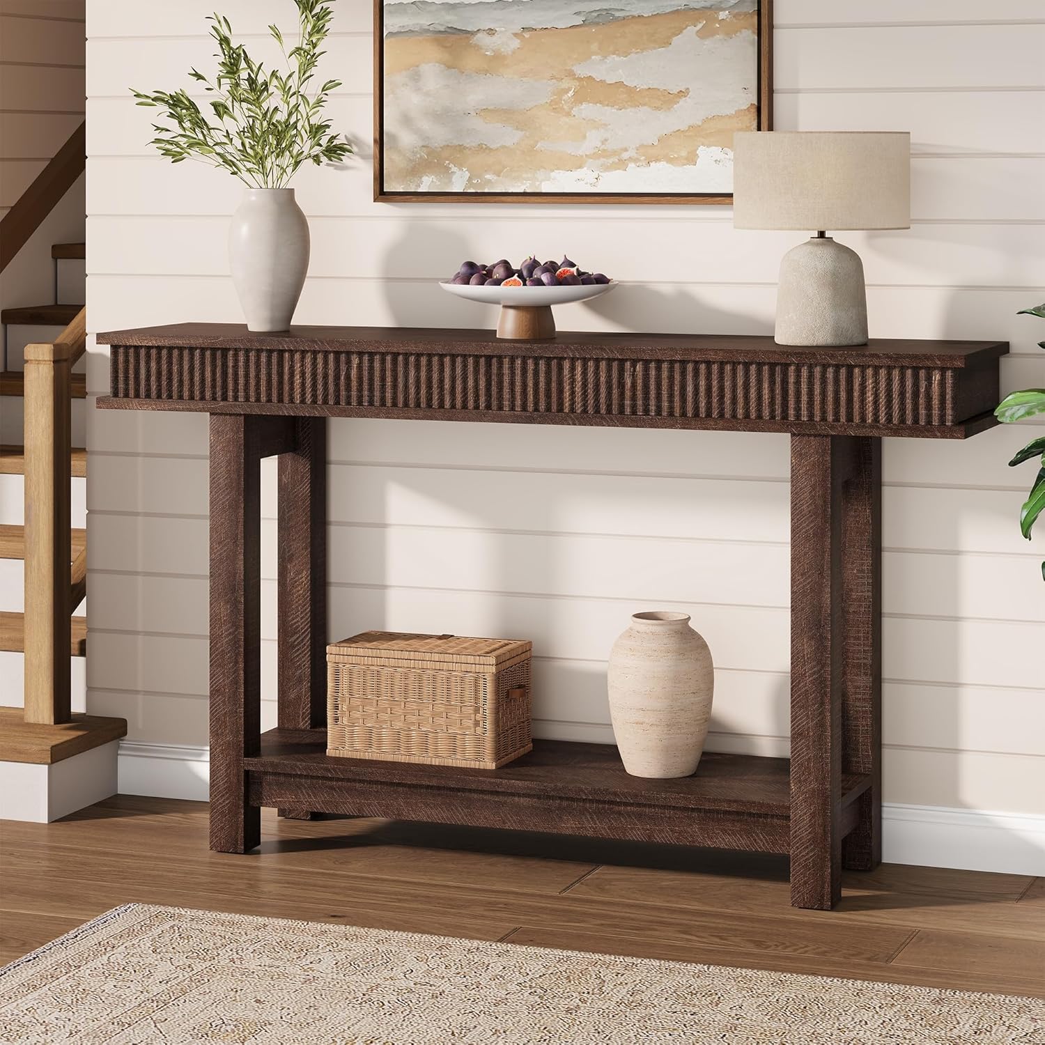 Garvee Farmhouse Fluted Console Table, 2 Tier Wooden Entryway Table with Shelf Storage, Rectangular Narrow Sofa Table Behind Couch, Entry Table Foyer Hallway Table for Entrance, Hallway, Living Room