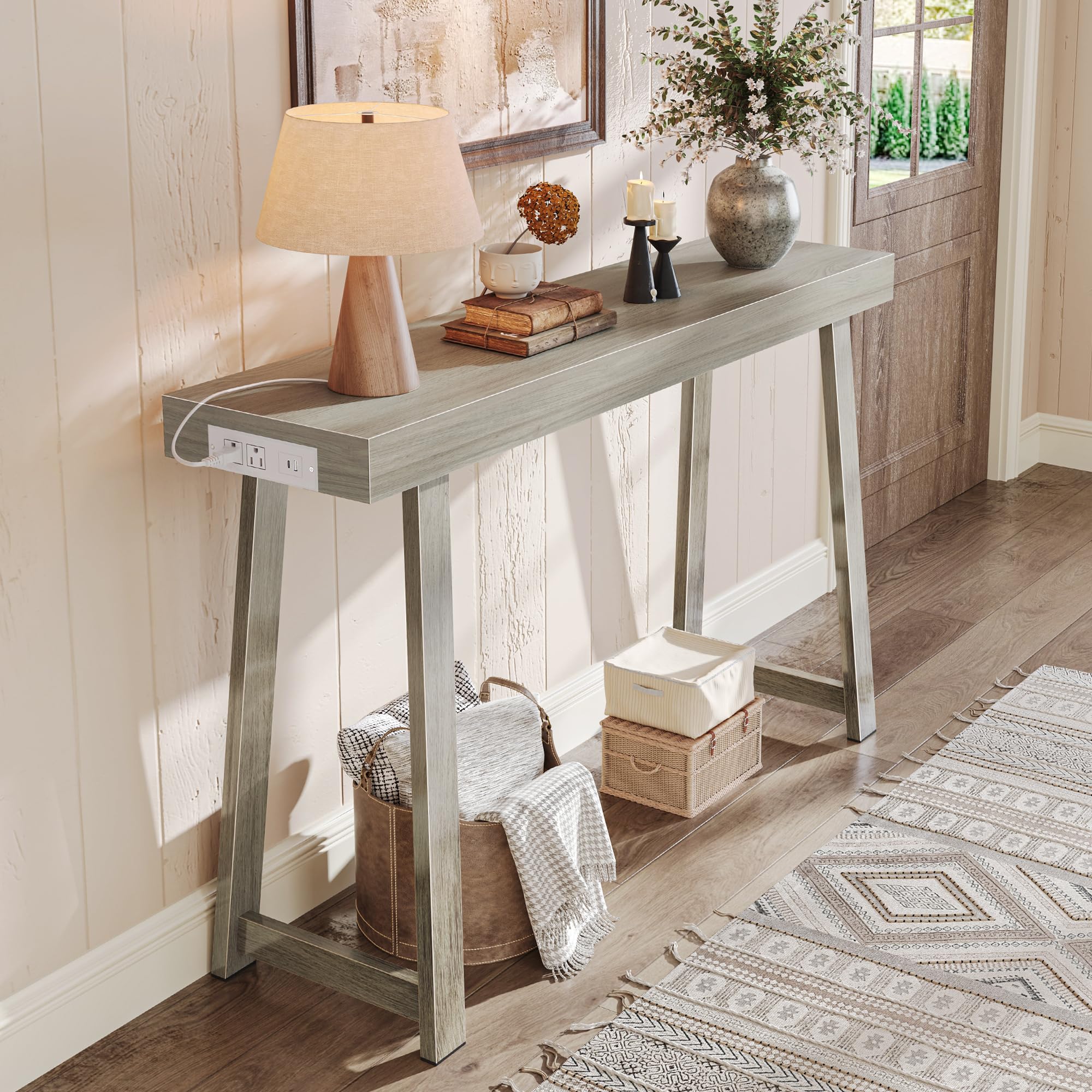 Huuger Entryway Console Table with Charging Station, USB-C Port, 39.4 Inch Sofa Table with Metal Legs, Entry Hallway Table with Thicker Desktop, Modern Behind Couch Table, Rustic Brown