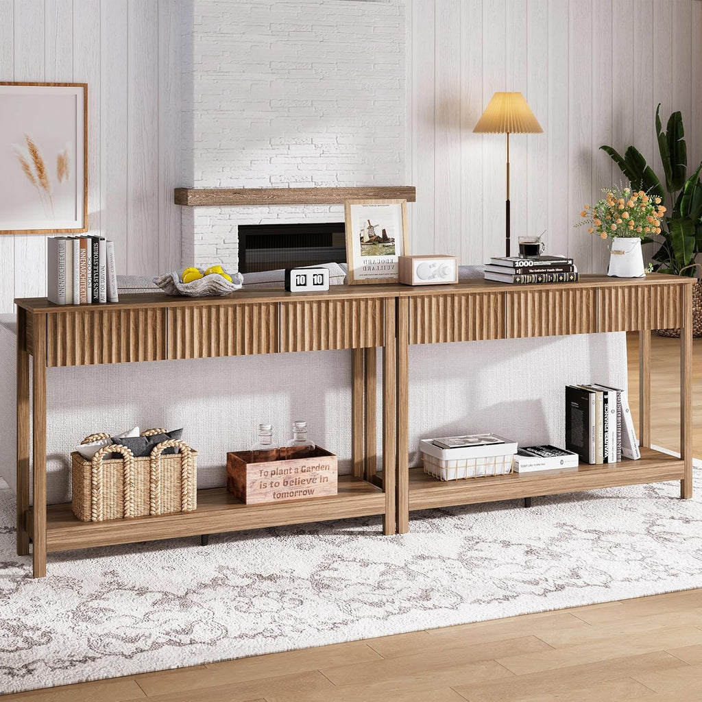 Treocho 47" Console Table with Drawers, Fluted Narrow Entryway Table with Open Shelf, Farmhouse Sofa Table Behind Couch for Hallway, Living Room, Brown